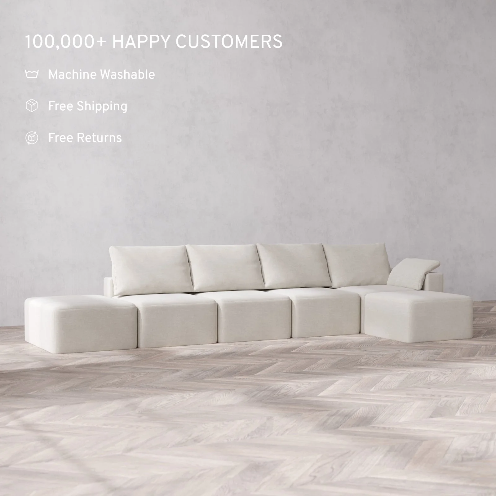Slipcover Only - Modular Washable 4-Seater Open End Sectional Cloud + Bolster Sofa in Cashew | Right-Facing Arm - Image 2