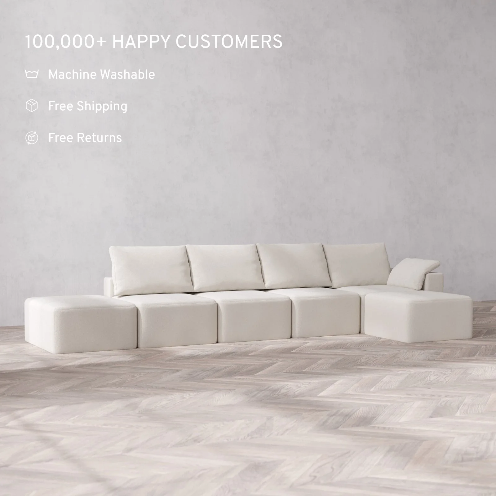 Slipcover Only - Modular Washable 4-Seater Open End Sectional Cloud + Bolster Sofa in Pearl | Right-Facing Arm - Image 2
