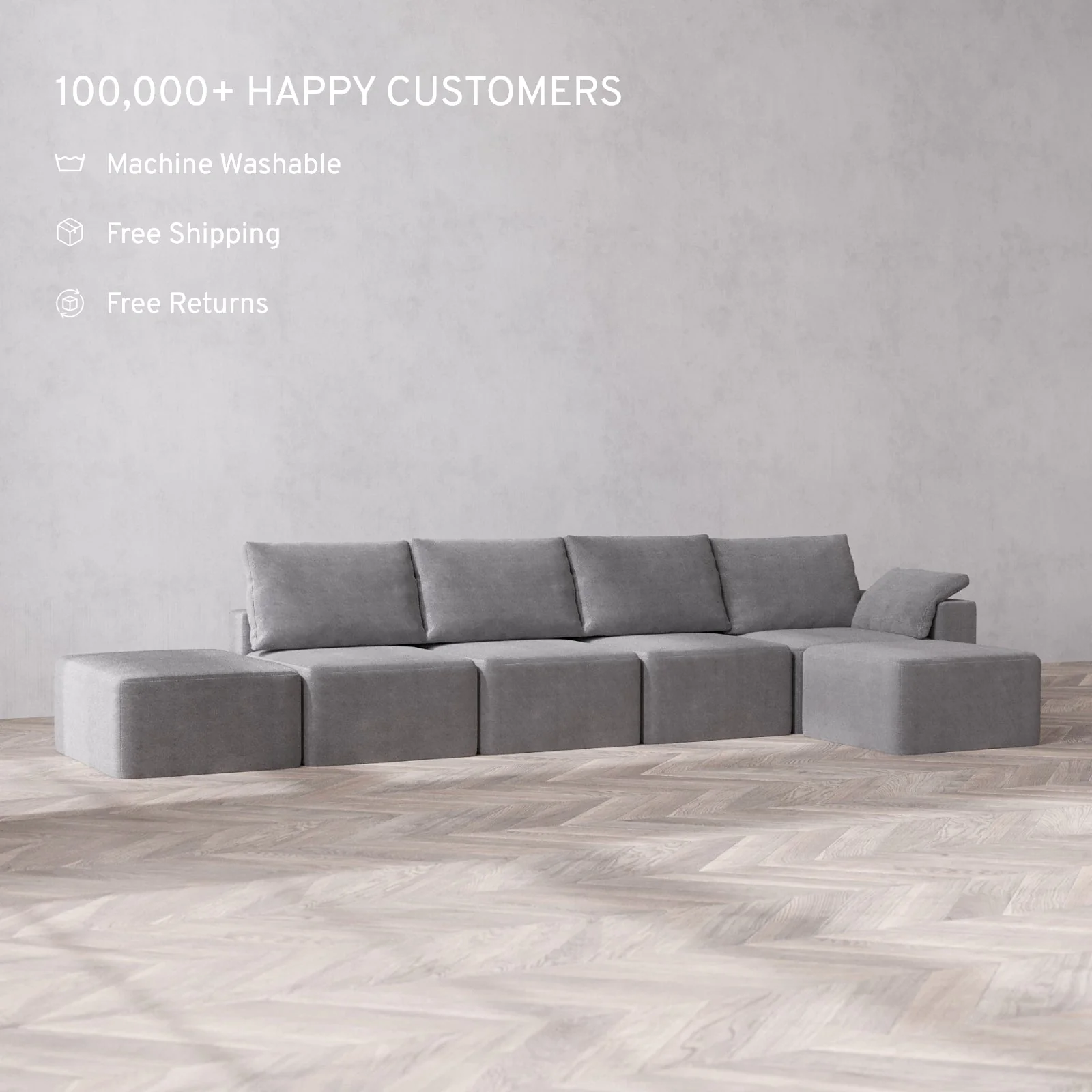 Slipcover Only - Modular Washable 4-Seater Open End Sectional Cloud + Bolster Sofa in Slate | Right-Facing Arm - Image 2