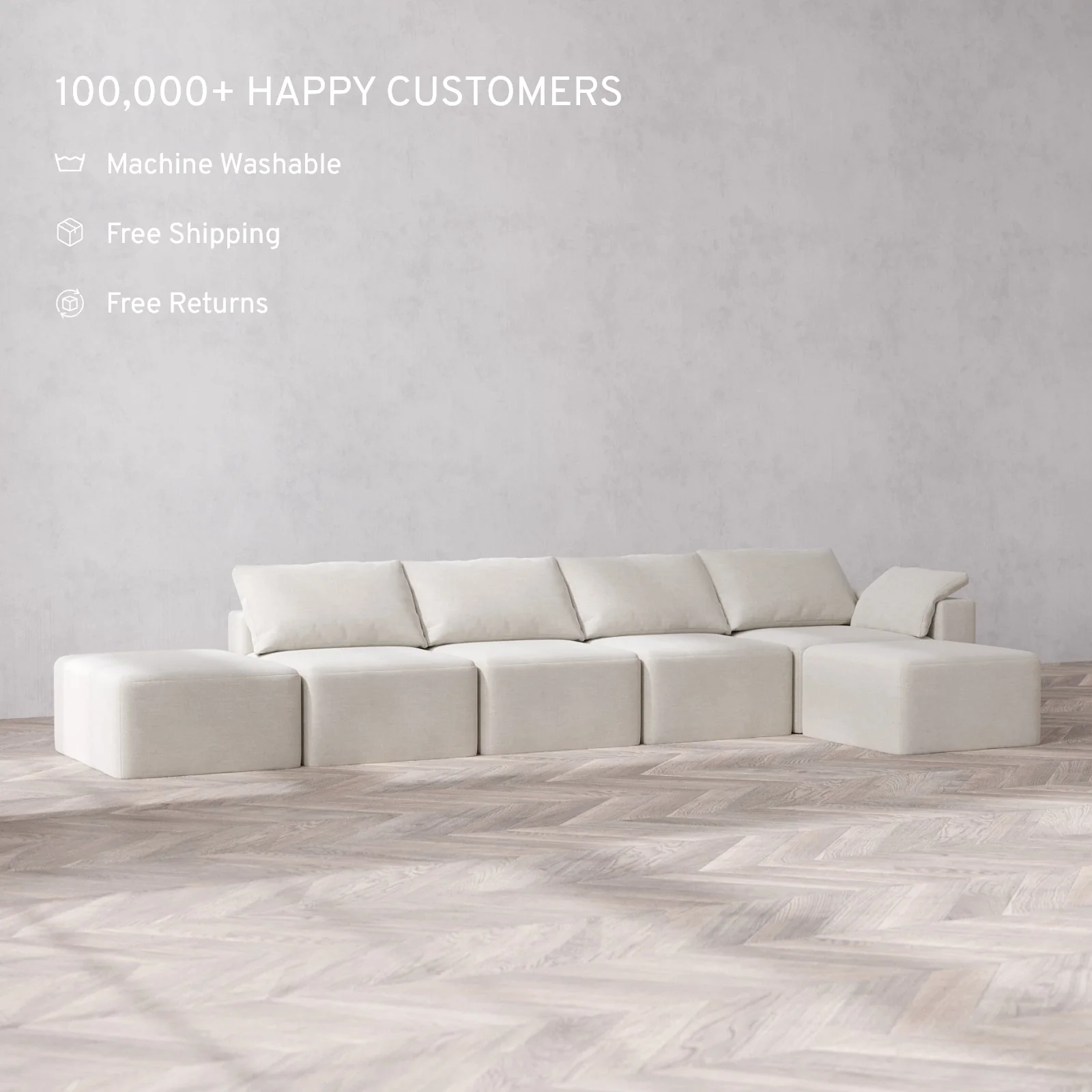 Slipcover Only - Modular Washable 4-Seater Open End Sectional Cloud Sofa in Cashew | Right-Facing Arm - Image 2