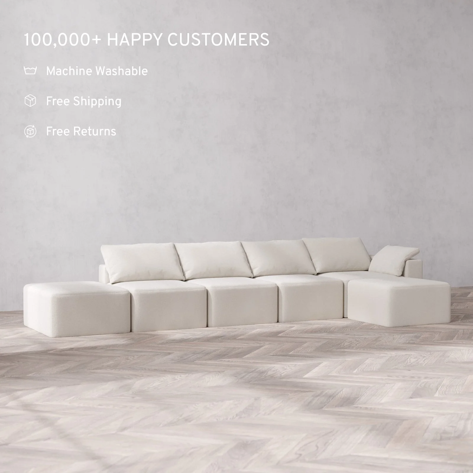 Slipcover Only - Modular Washable 4-Seater Open End Sectional Cloud Sofa in Pearl | Right-Facing Arm - Image 2