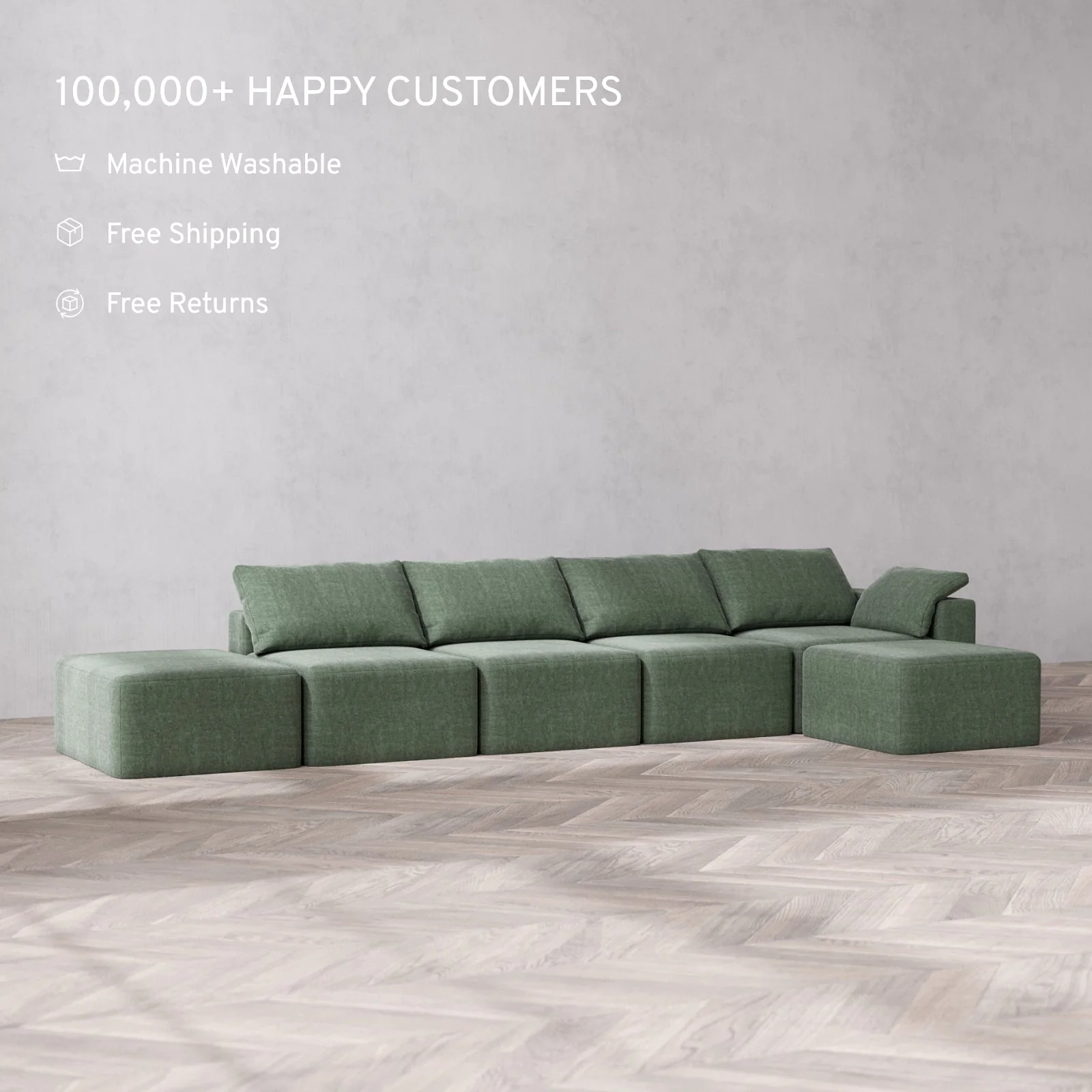 Slipcover Only - Modular Washable 4-Seater Open End Sectional Cloud Sofa in Sage | Right-Facing Arm - Image 2