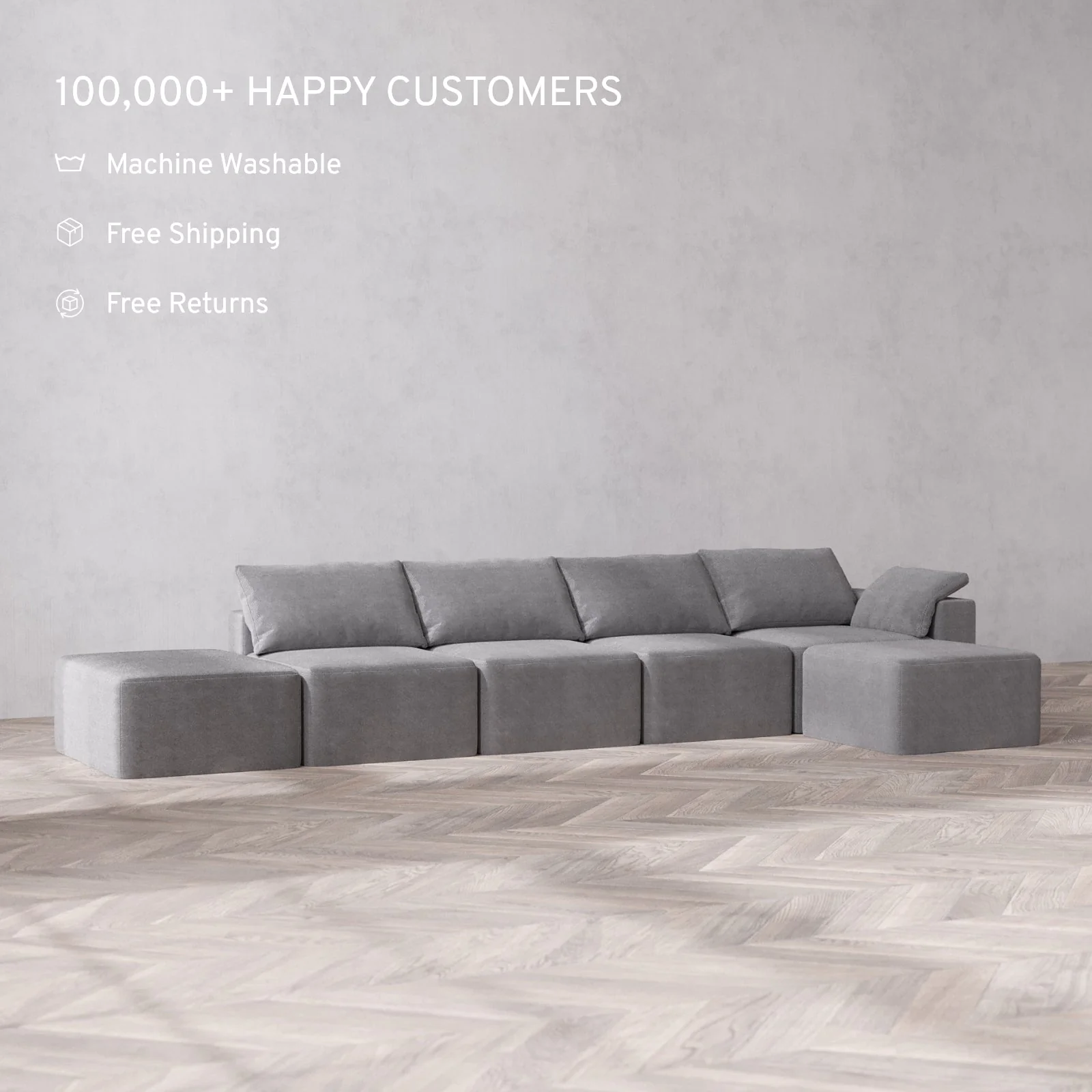 Slipcover Only - Modular Washable 4-Seater Open End Sectional Cloud Sofa in Slate | Right-Facing Arm - Image 2