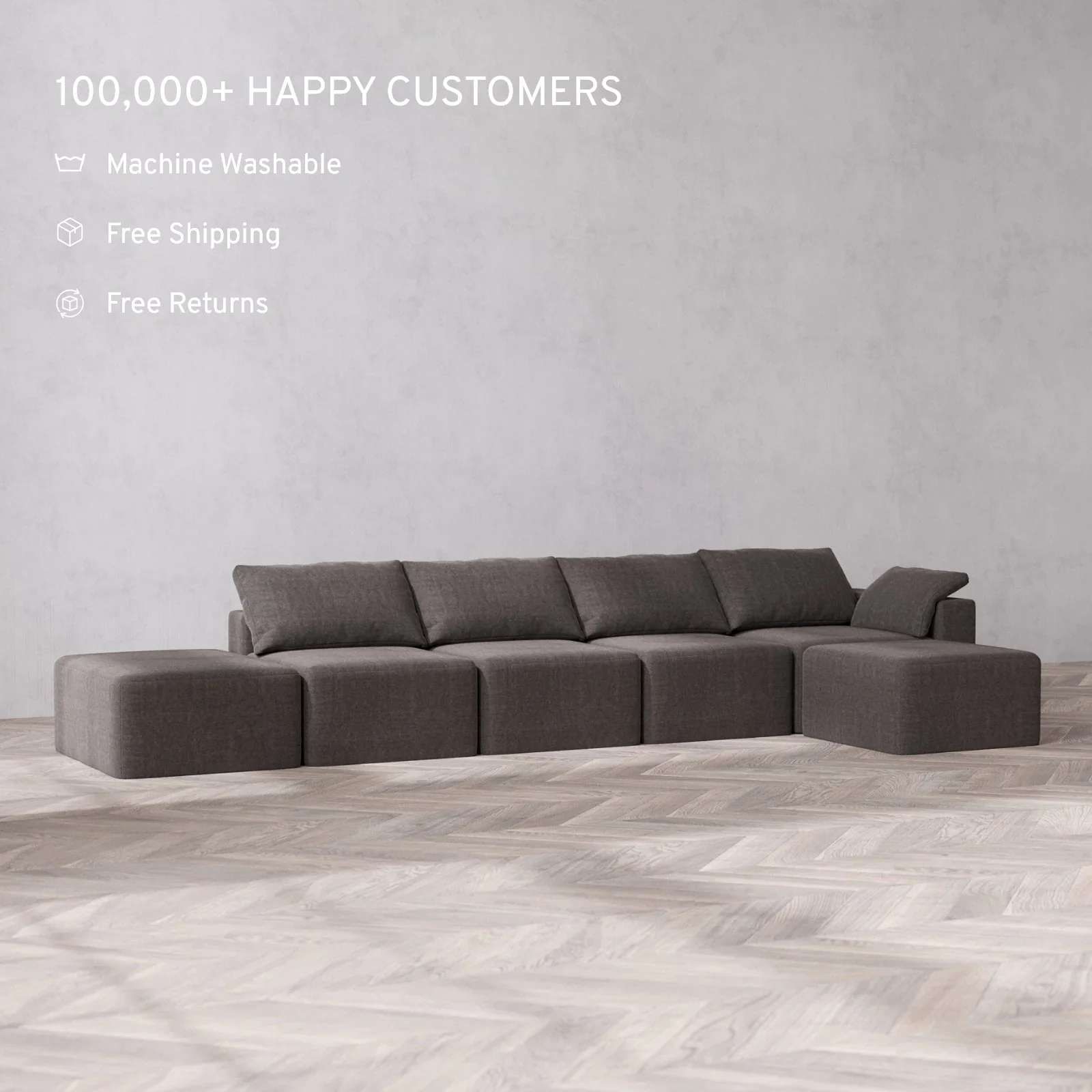 Slipcover Only - Modular Washable 4-Seater Open End Sectional Cloud Sofa in Truffle | Right-Facing Arm - Image 2