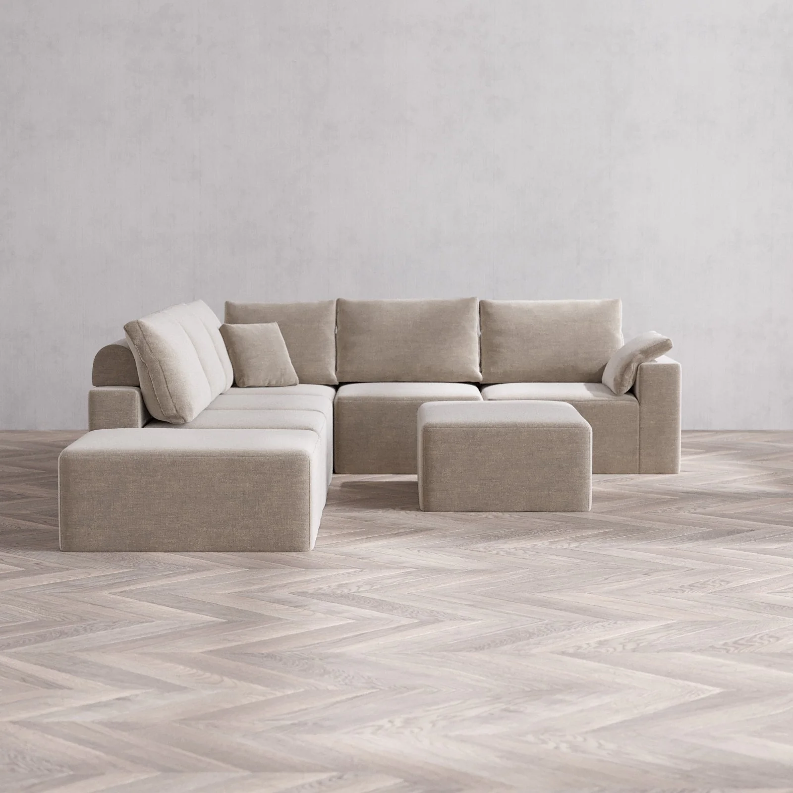 Slipcover Only - Modular Washable 6-Seater Open End Corner Sectional + Chaise Ottoman Cloud + Bolster Sofa in Caraway | Right-Facing Arm