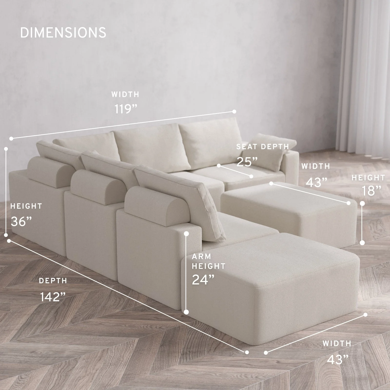 Slipcover Only - Modular Washable 6-Seater Open End Corner Sectional + Chaise Ottoman Cloud + Bolster Sofa in Pearl | Right-Facing Arm - Image 5