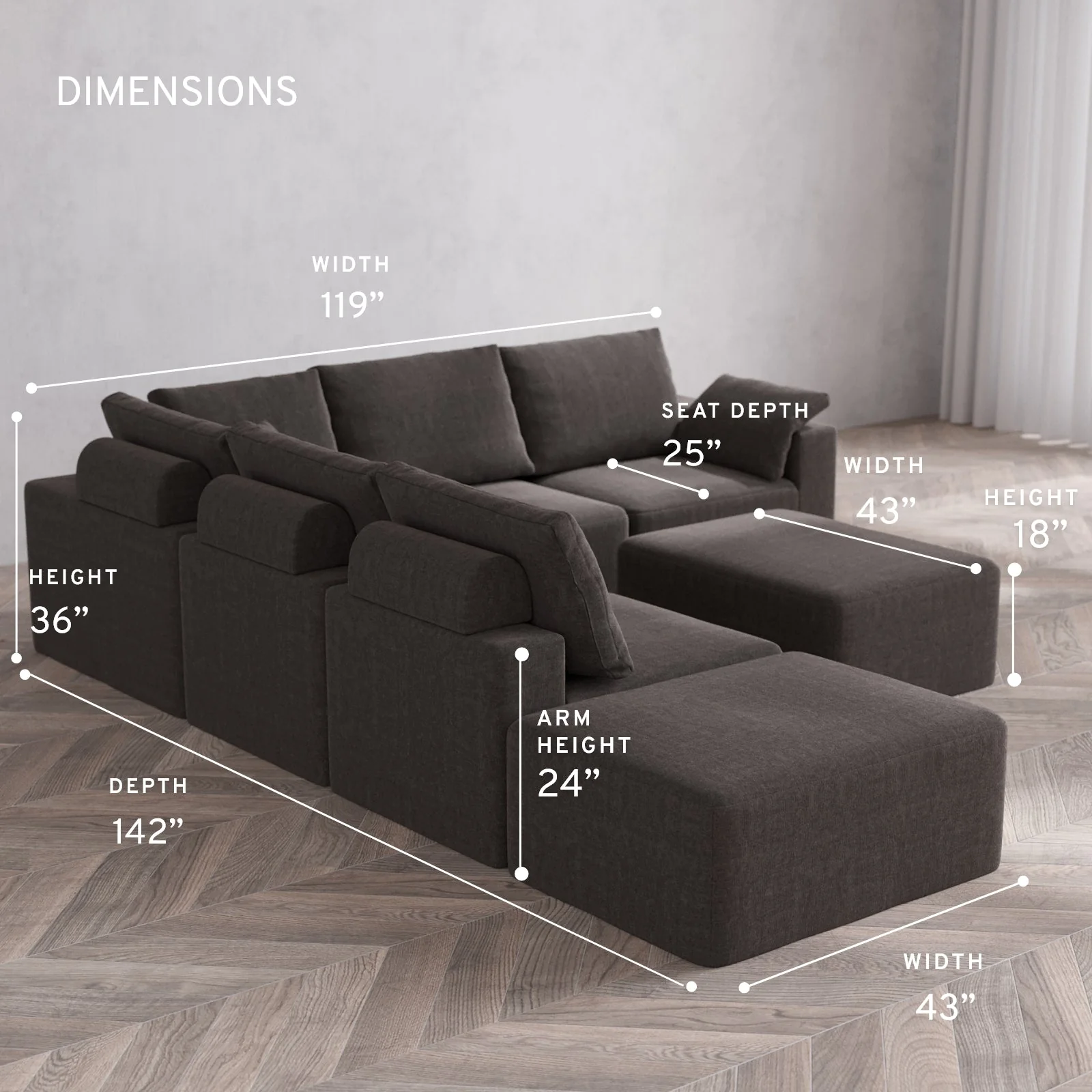 Slipcover Only - Modular Washable 6-Seater Open End Corner Sectional + Chaise Ottoman Cloud + Bolster Sofa in Truffle | Right-Facing Arm - Image 5