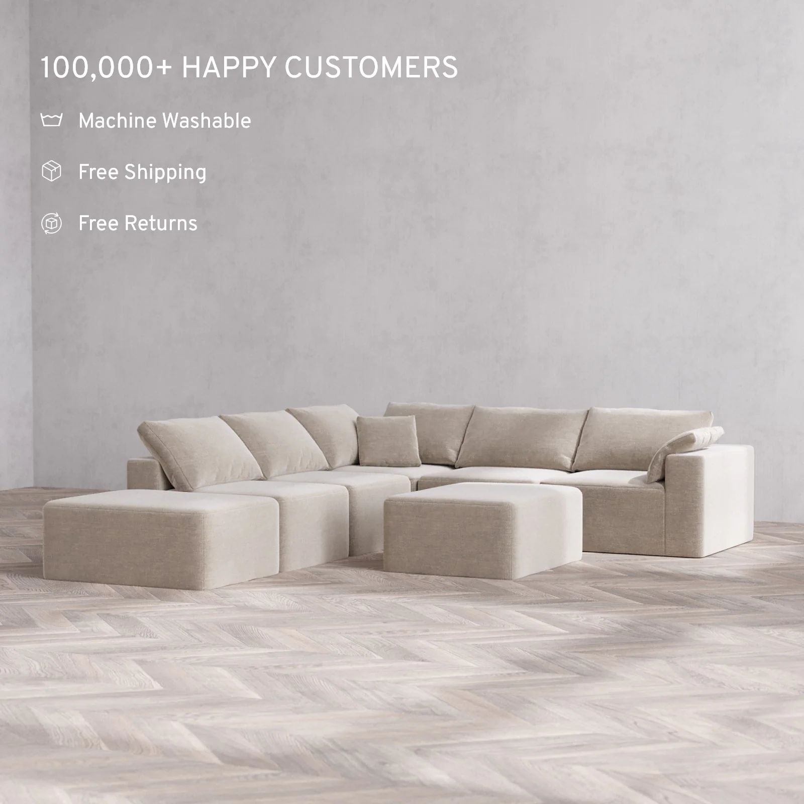 Slipcover Only - Modular Washable 6-Seater Open End Corner Sectional + Chaise Ottoman Cloud Sofa in Caraway | Right-Facing Arm - Image 2