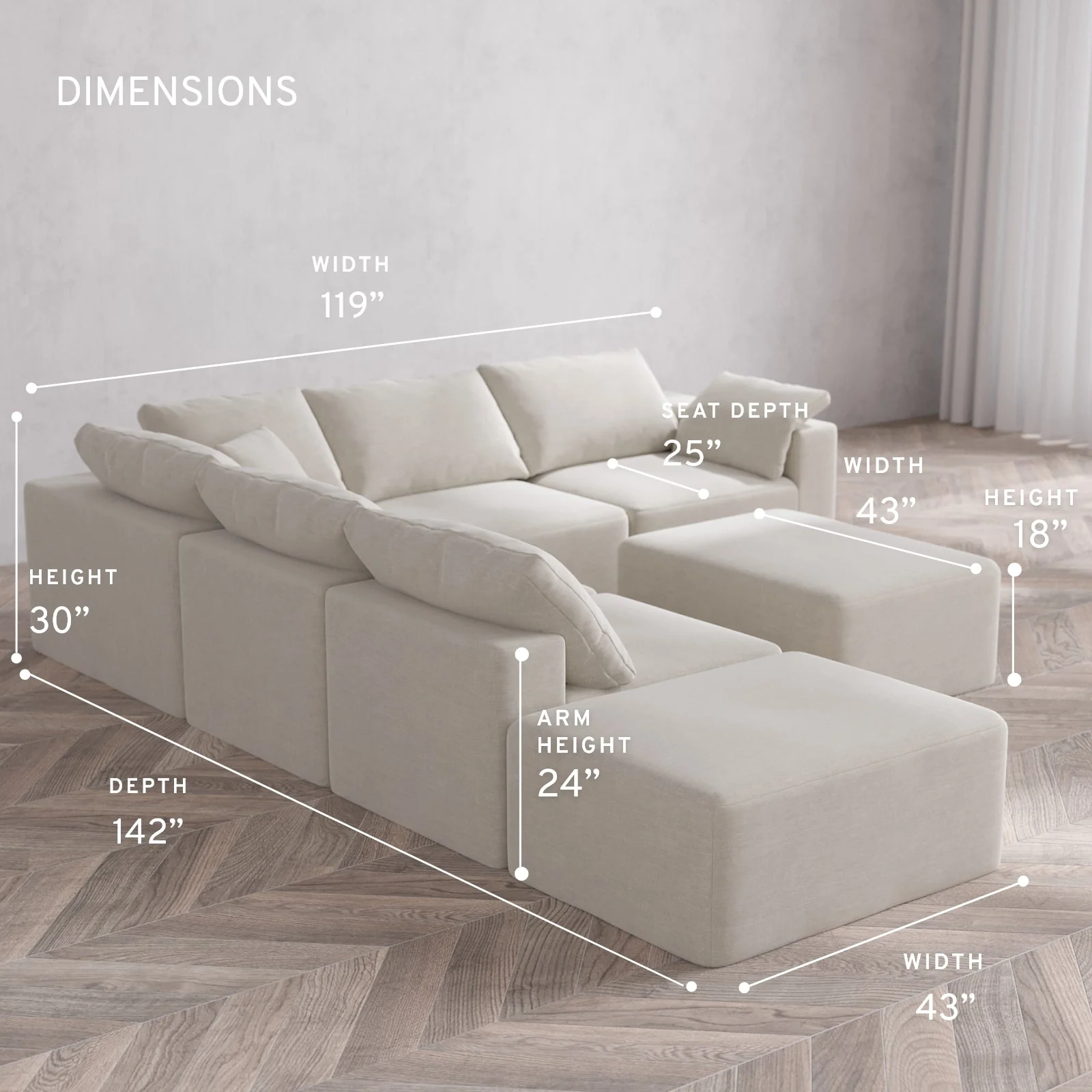 Slipcover Only - Modular Washable 6-Seater Open End Corner Sectional + Chaise Ottoman Cloud Sofa in Cashew | Right-Facing Arm - Image 5