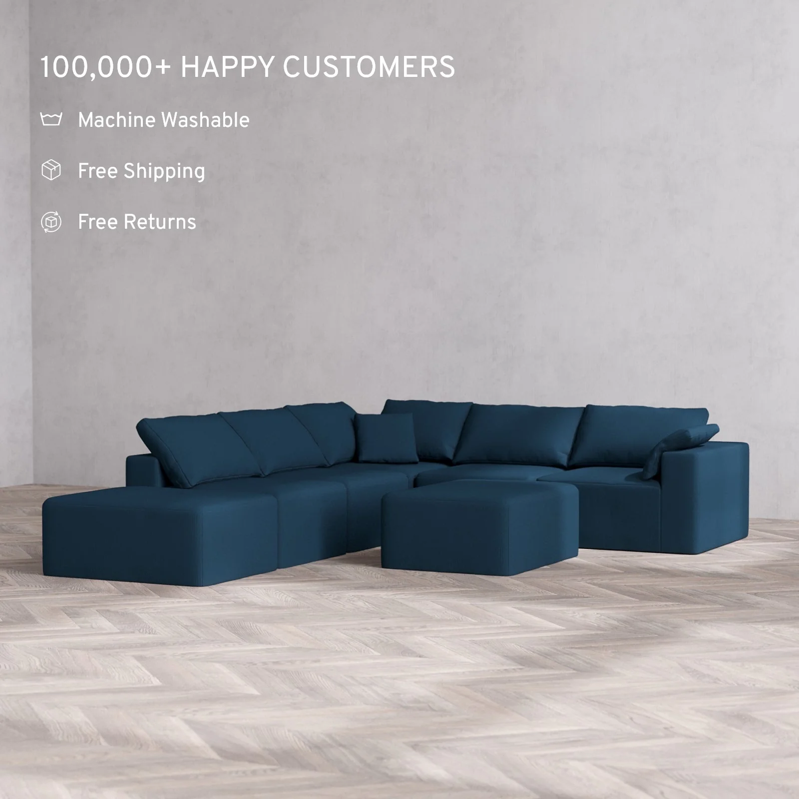 Slipcover Only - Modular Washable 6-Seater Open End Corner Sectional + Chaise Ottoman Cloud Sofa in Lazuli | Right-Facing Arm - Image 2