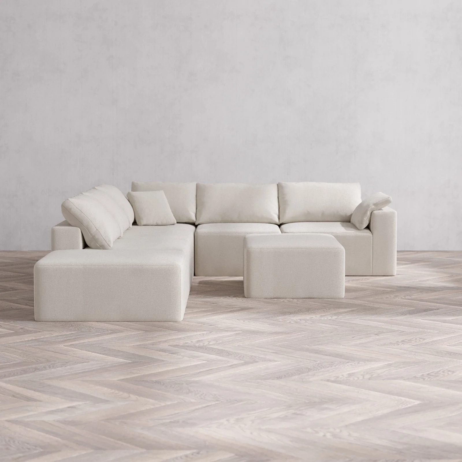 Slipcover Only - Modular Washable 6-Seater Open End Corner Sectional + Chaise Ottoman Cloud Sofa in Pearl | Right-Facing Arm