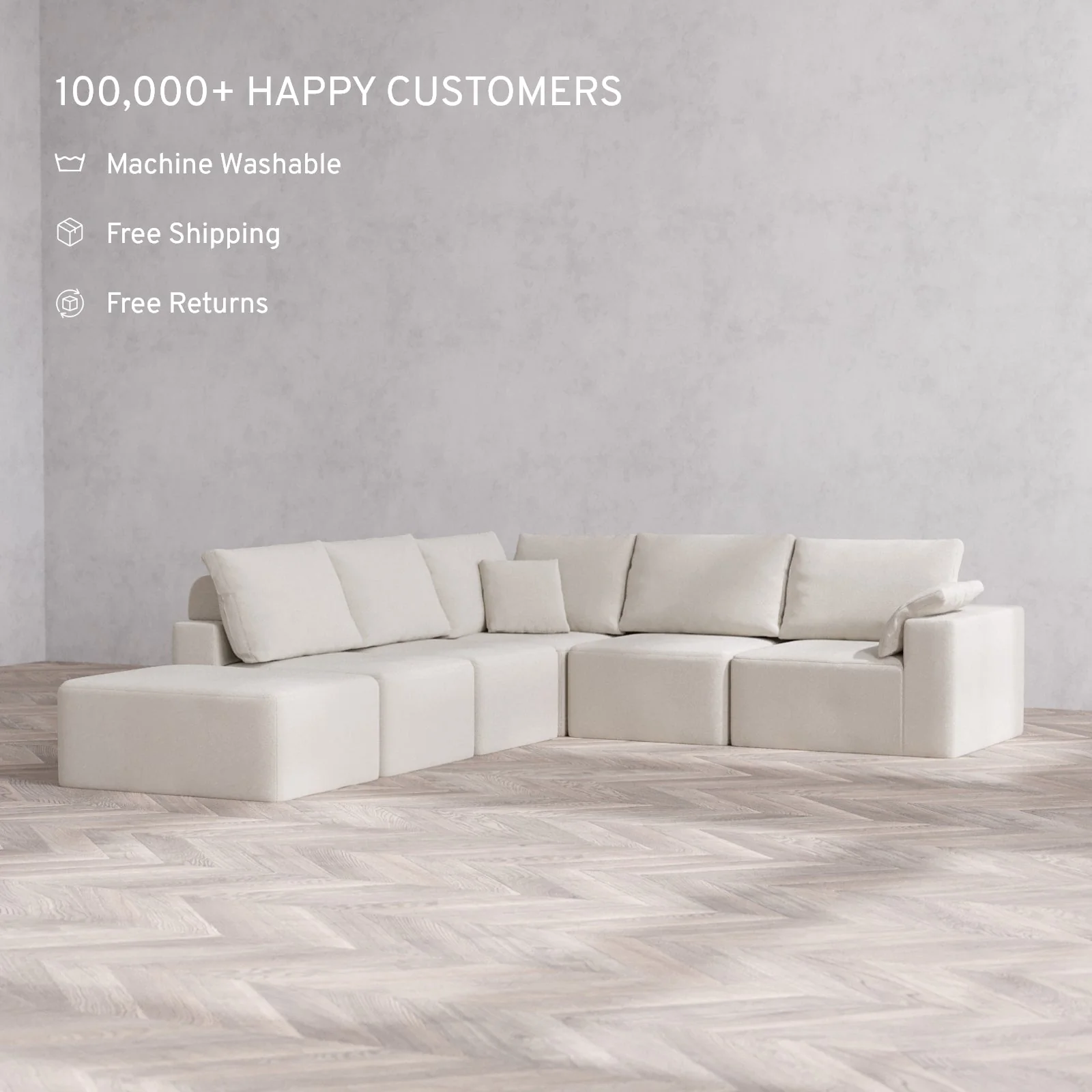 Slipcover Only - Modular Washable 6-Seater Open End Corner Sectional Cloud + Bolster Sofa in Pearl | Right-Facing Arm - Image 2