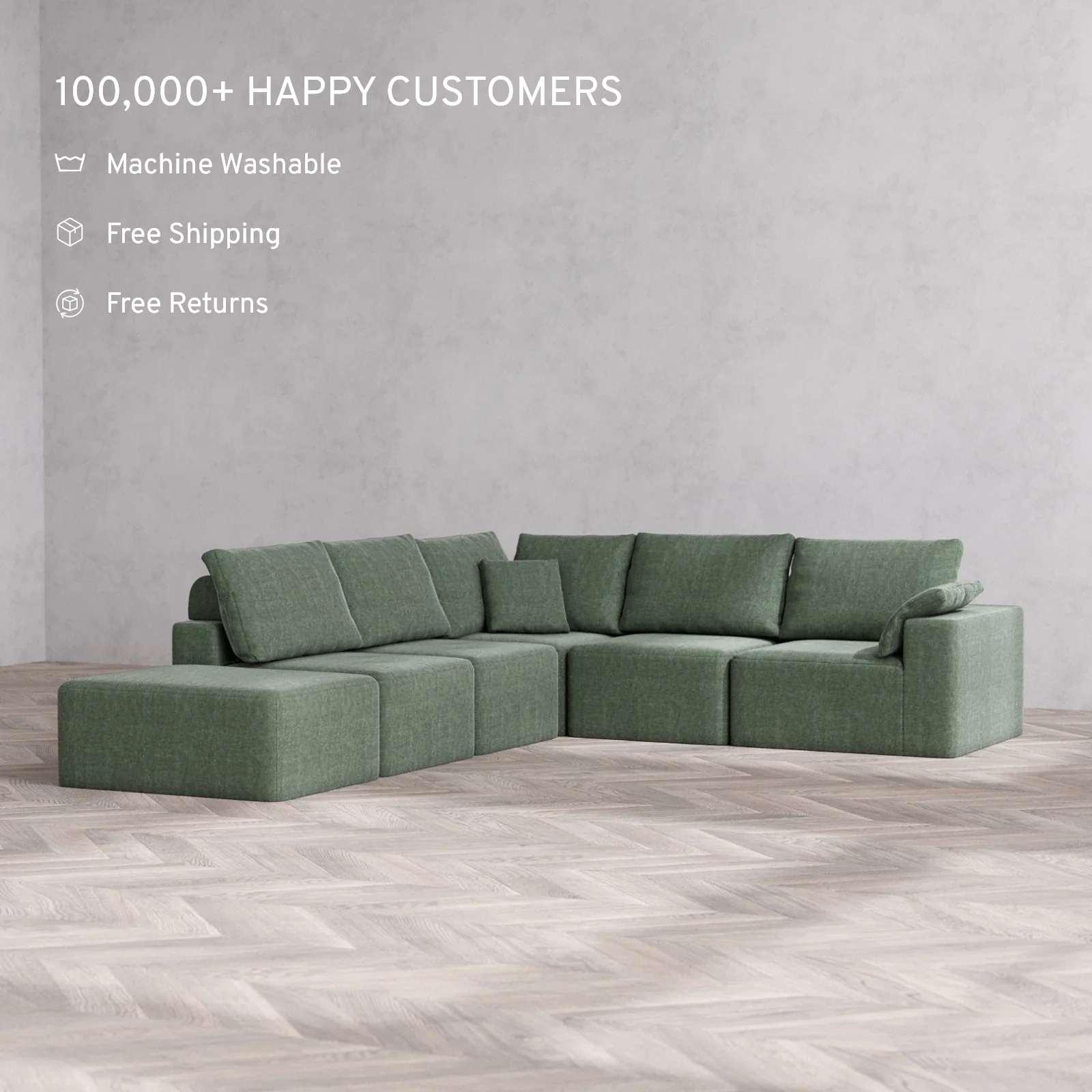 Slipcover Only - Modular Washable 6-Seater Open End Corner Sectional Cloud + Bolster Sofa in Sage | Right-Facing Arm - Image 2