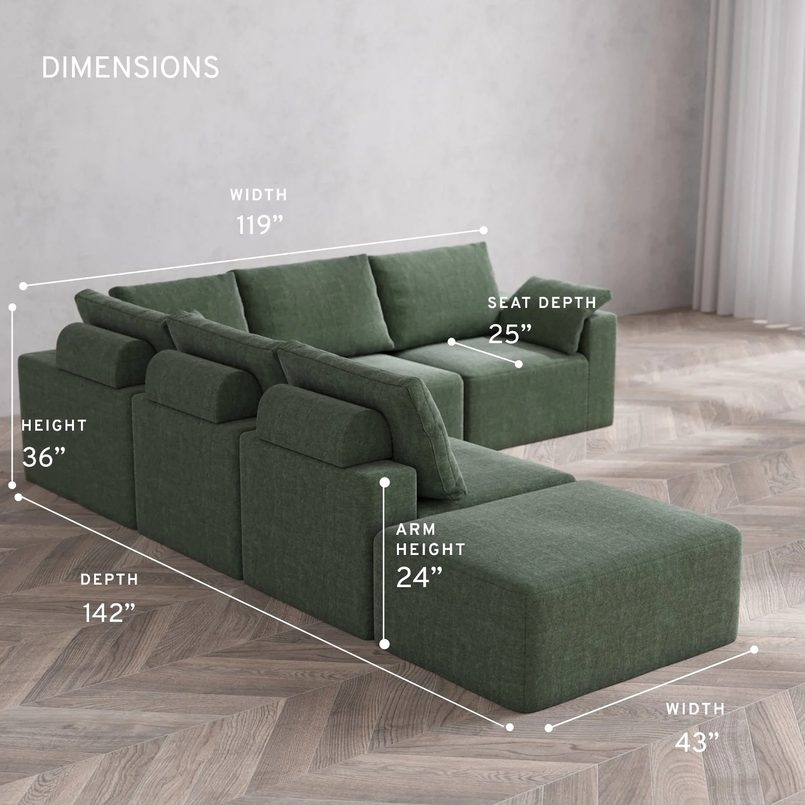 Slipcover Only - Modular Washable 6-Seater Open End Corner Sectional Cloud + Bolster Sofa in Sage | Right-Facing Arm - Image 5