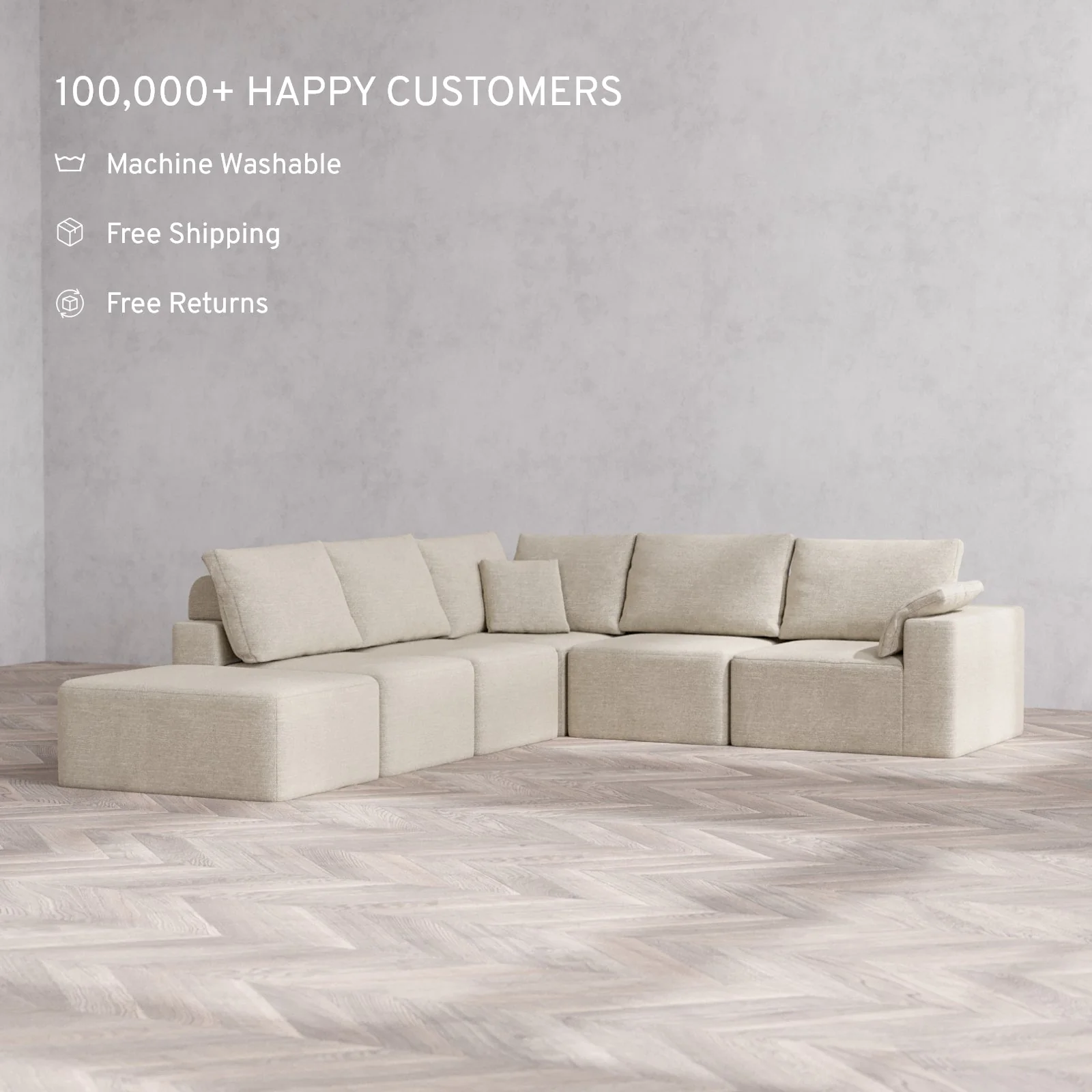 Slipcover Only - Modular Washable 6-Seater Open End Corner Sectional Cloud + Bolster Sofa in Sandstone | Right-Facing Arm - Image 2