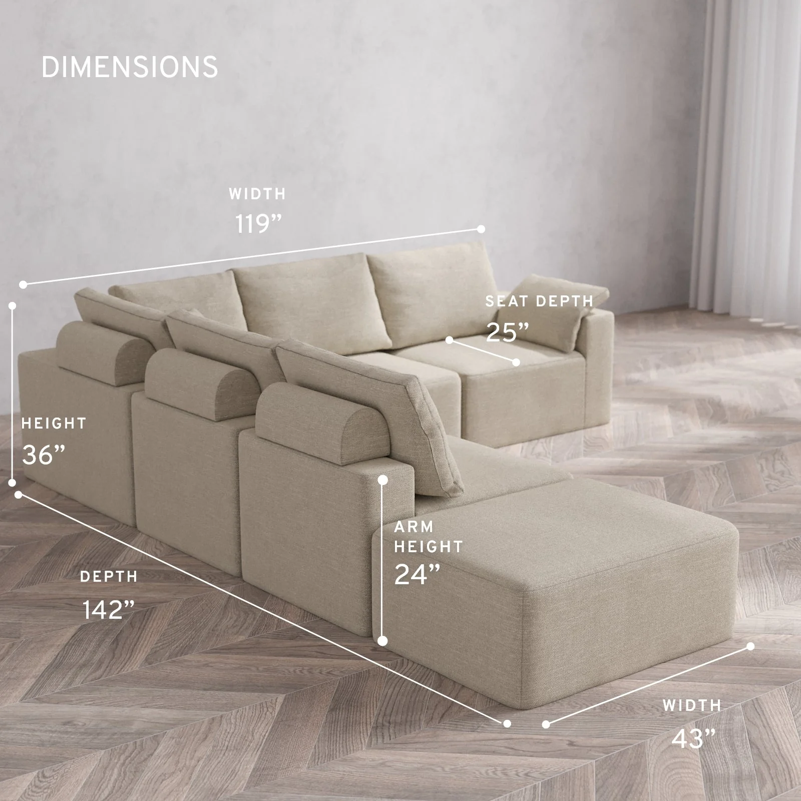 Slipcover Only - Modular Washable 6-Seater Open End Corner Sectional Cloud + Bolster Sofa in Sandstone | Right-Facing Arm - Image 5