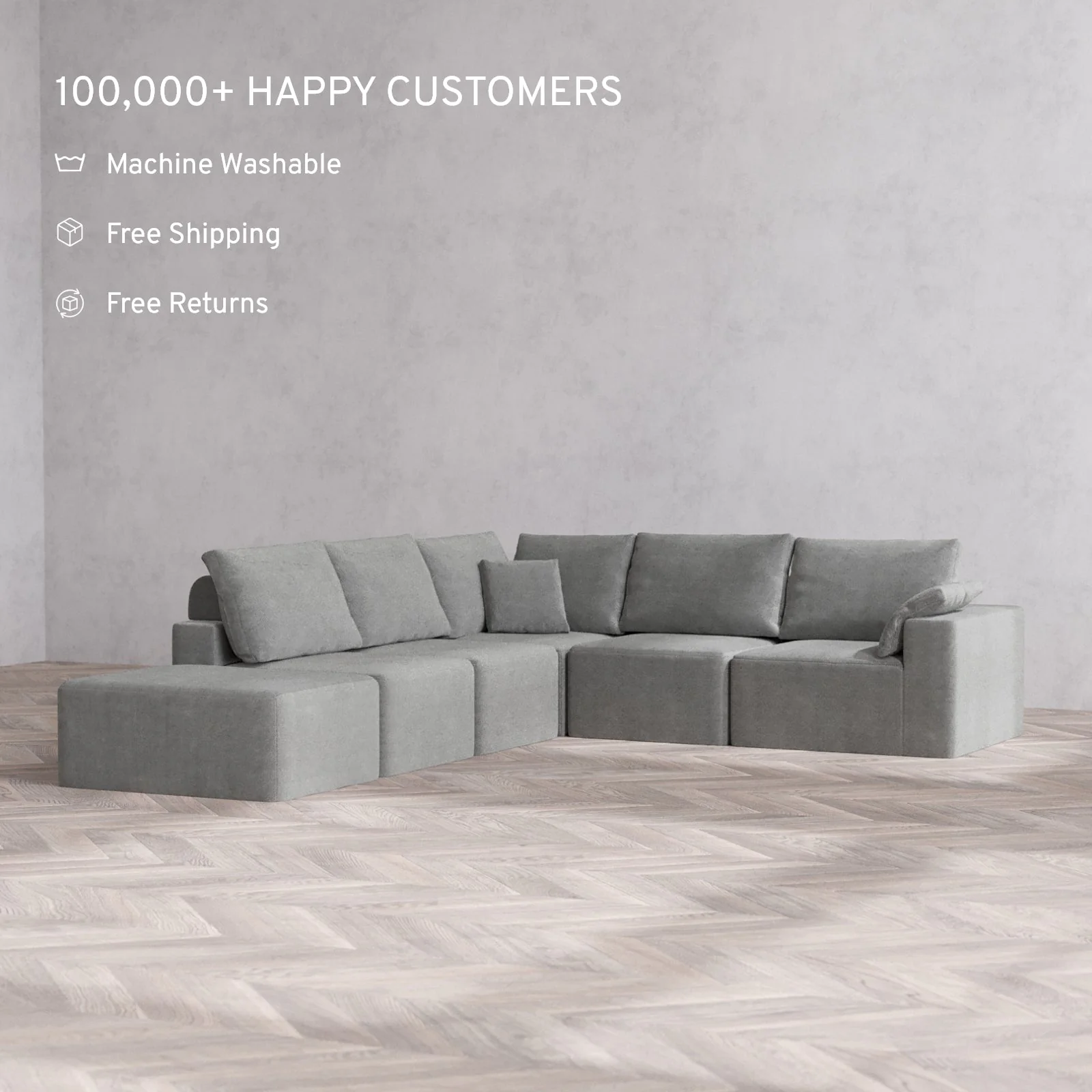 Slipcover Only - Modular Washable 6-Seater Open End Corner Sectional Cloud + Bolster Sofa in Slate | Right-Facing Arm - Image 2