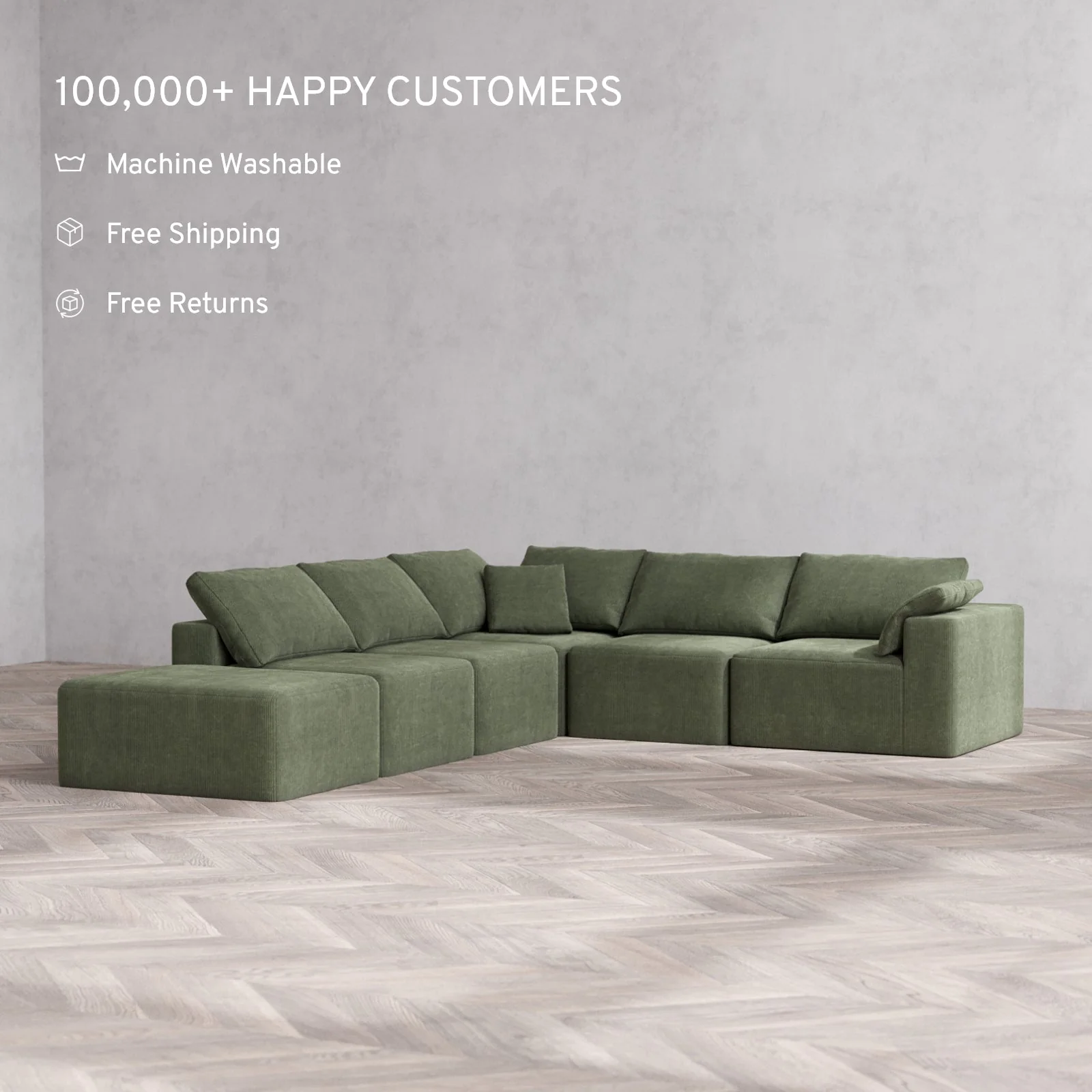 Slipcover Only - Modular Washable 6-Seater Open End Corner Sectional Cloud Sofa in Juniper | Right-Facing Arm - Image 2