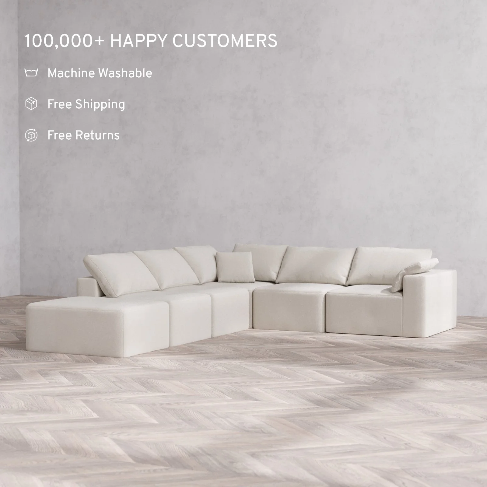 Slipcover Only - Modular Washable 6-Seater Open End Corner Sectional Cloud Sofa in Pearl | Right-Facing Arm - Image 2