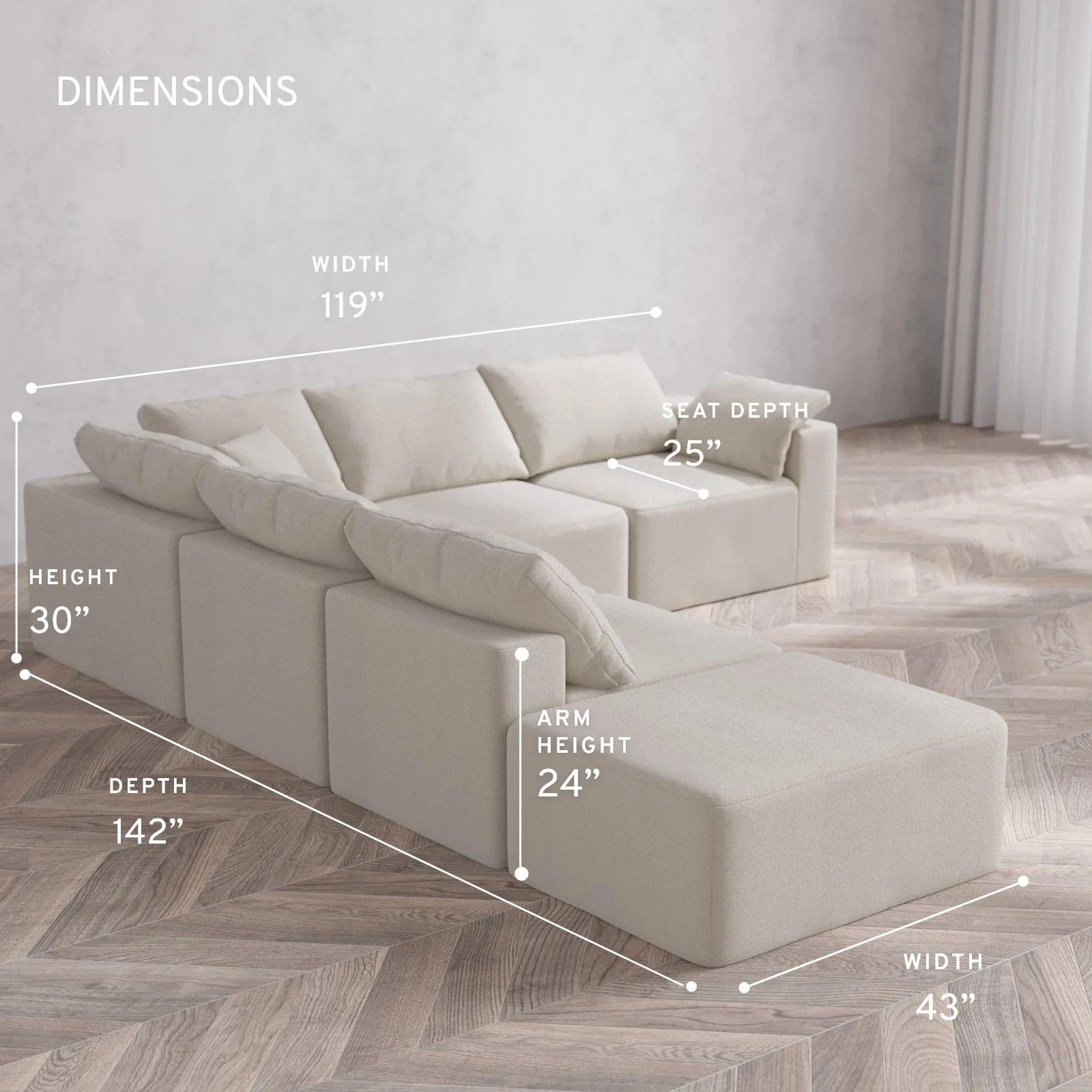 Slipcover Only - Modular Washable 6-Seater Open End Corner Sectional Cloud Sofa in Pearl | Right-Facing Arm - Image 5