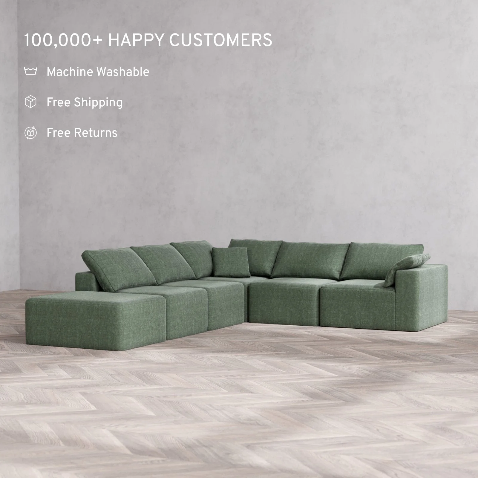 Slipcover Only - Modular Washable 6-Seater Open End Corner Sectional Cloud Sofa in Sage | Right-Facing Arm - Image 2