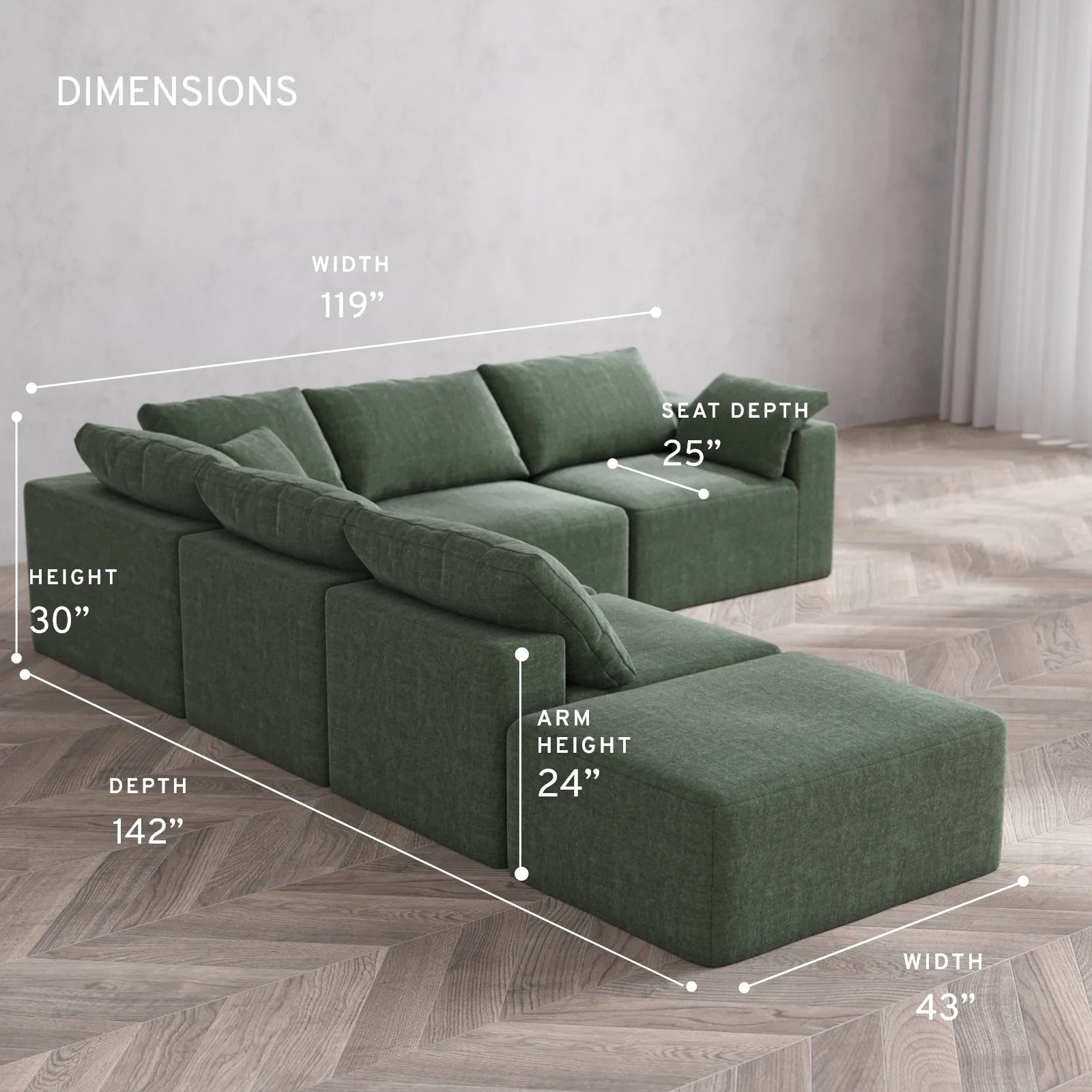 Slipcover Only - Modular Washable 6-Seater Open End Corner Sectional Cloud Sofa in Sage | Right-Facing Arm - Image 5