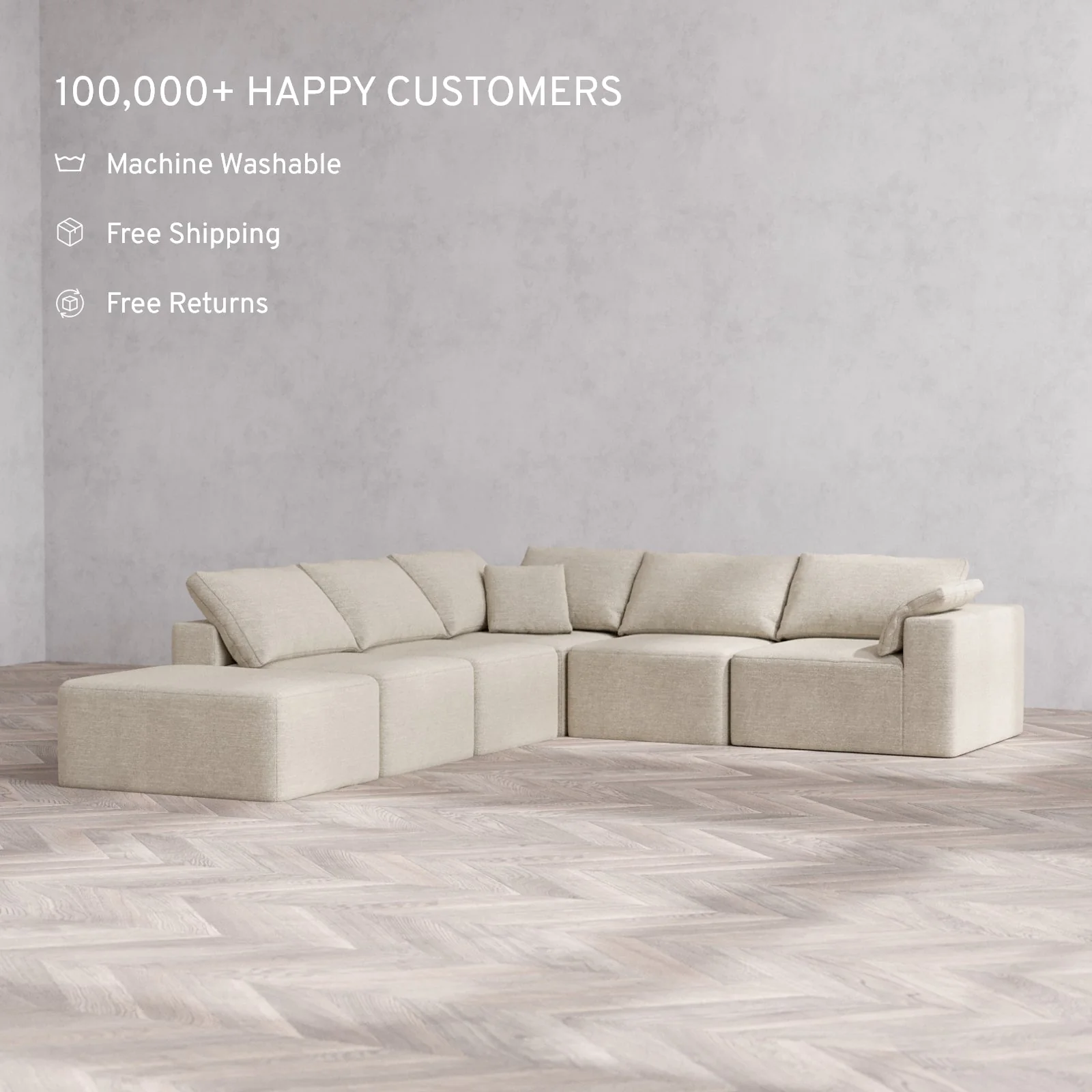 Slipcover Only - Modular Washable 6-Seater Open End Corner Sectional Cloud Sofa in Sandstone | Right-Facing Arm - Image 2