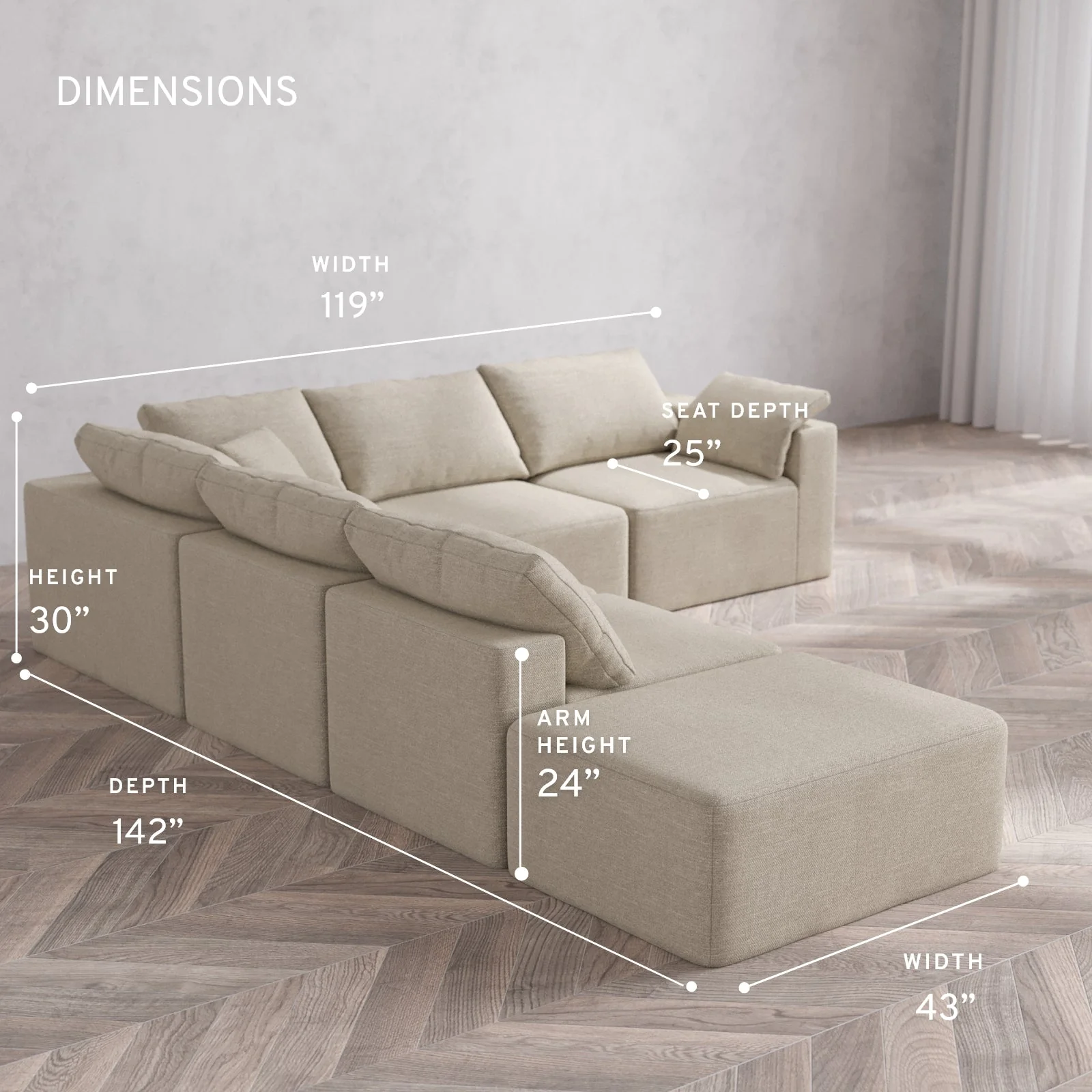 Slipcover Only - Modular Washable 6-Seater Open End Corner Sectional Cloud Sofa in Sandstone | Right-Facing Arm - Image 5