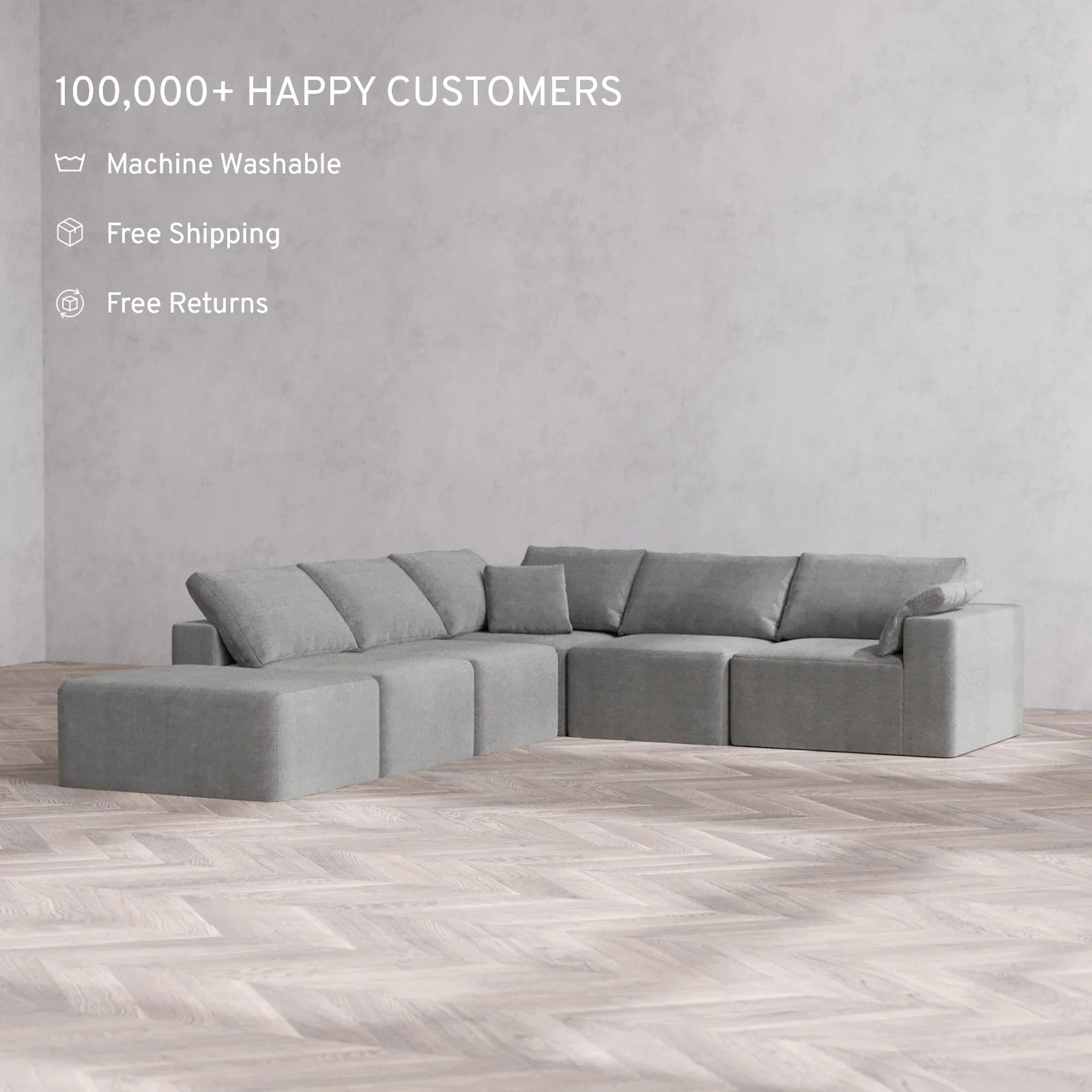 Slipcover Only - Modular Washable 6-Seater Open End Corner Sectional Cloud Sofa in Slate | Right-Facing Arm - Image 2