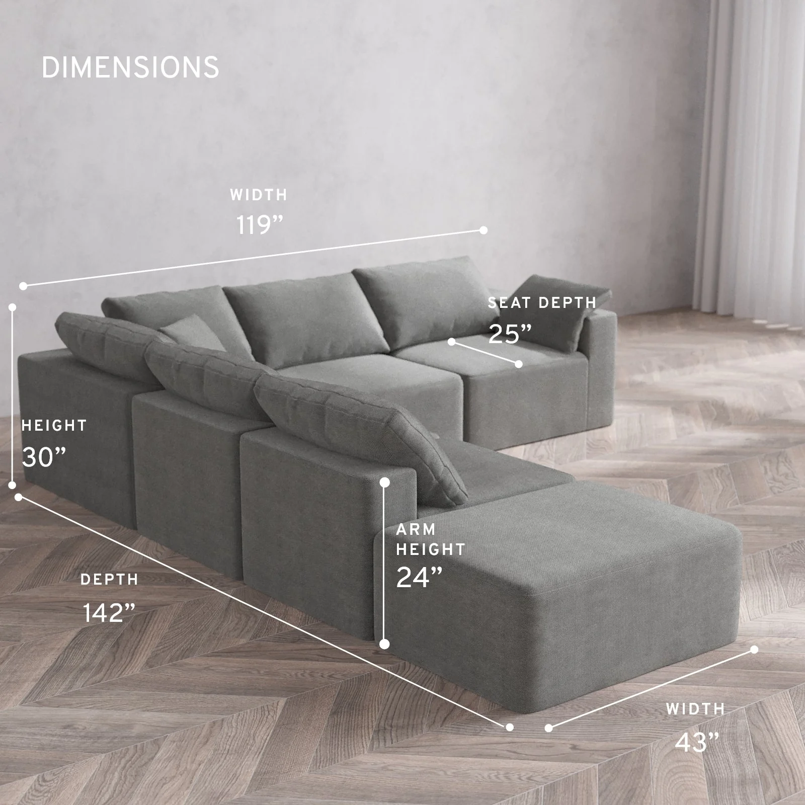 Slipcover Only - Modular Washable 6-Seater Open End Corner Sectional Cloud Sofa in Slate | Right-Facing Arm - Image 5