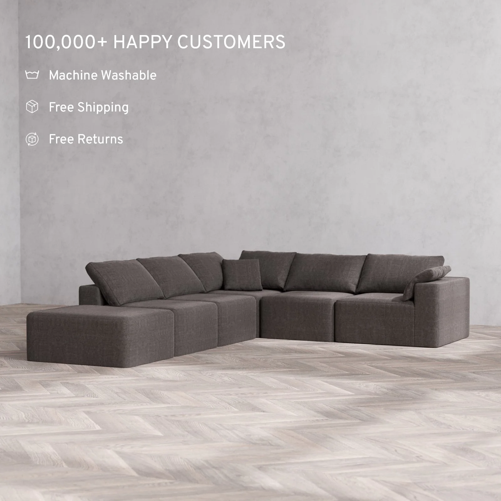 Slipcover Only - Modular Washable 6-Seater Open End Corner Sectional Cloud Sofa in Truffle | Right-Facing Arm - Image 2