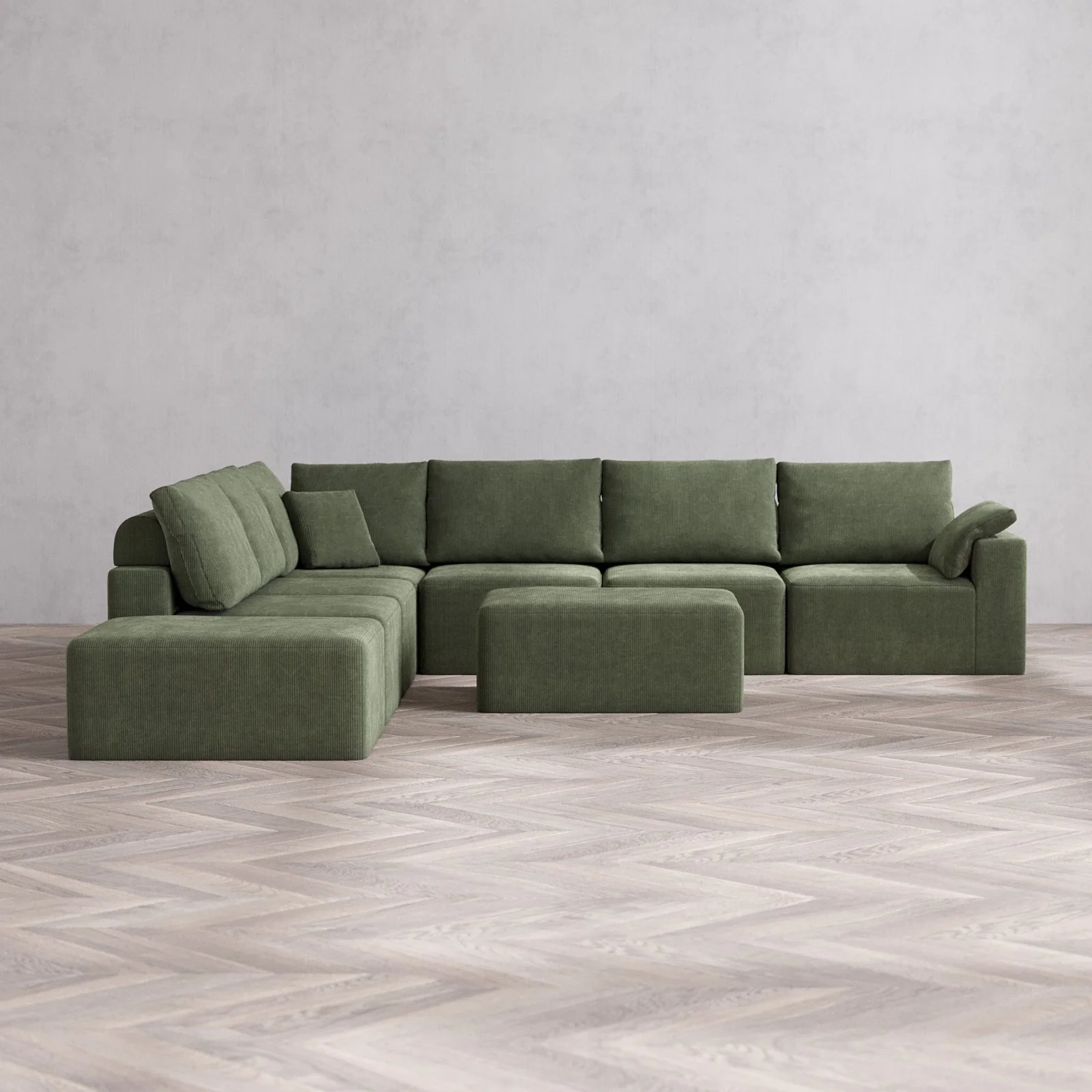 Slipcover Only - Modular Washable 7-Seater Open End Corner Sectional + Chaise Ottoman Cloud + Bolster Sofa in Juniper | Right-Facing Arm