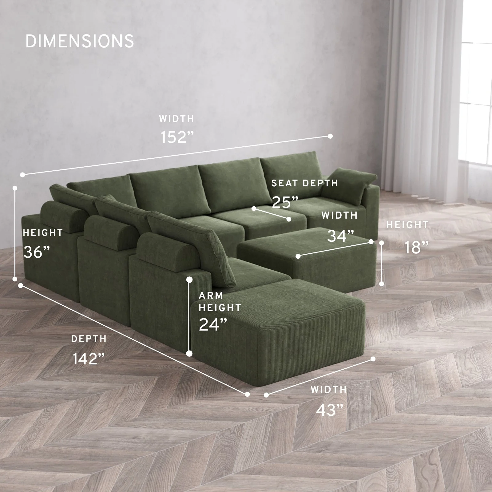 Slipcover Only - Modular Washable 7-Seater Open End Corner Sectional + Chaise Ottoman Cloud + Bolster Sofa in Juniper | Right-Facing Arm - Image 5