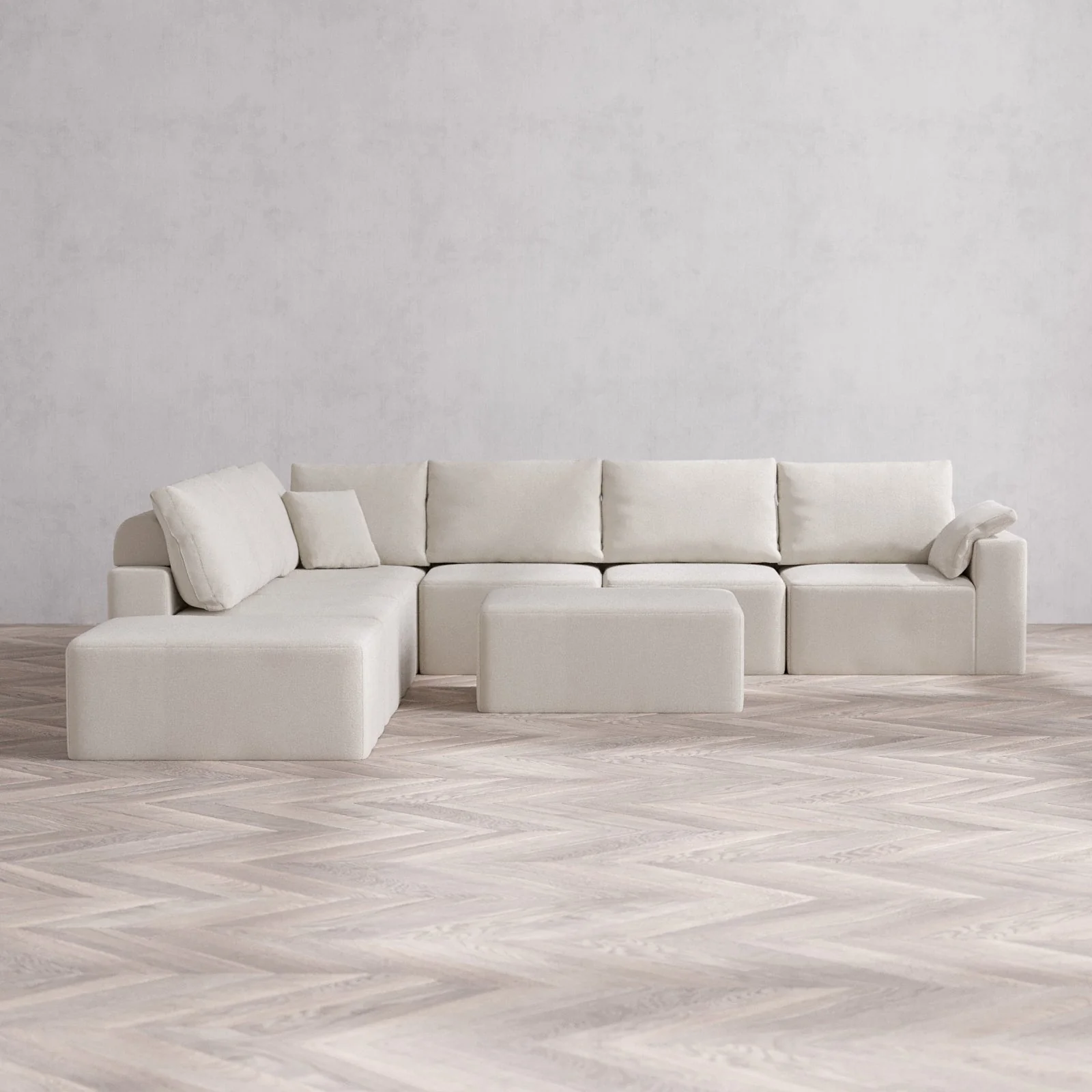 Slipcover Only - Modular Washable 7-Seater Open End Corner Sectional + Chaise Ottoman Cloud + Bolster Sofa in Pearl | Right-Facing Arm