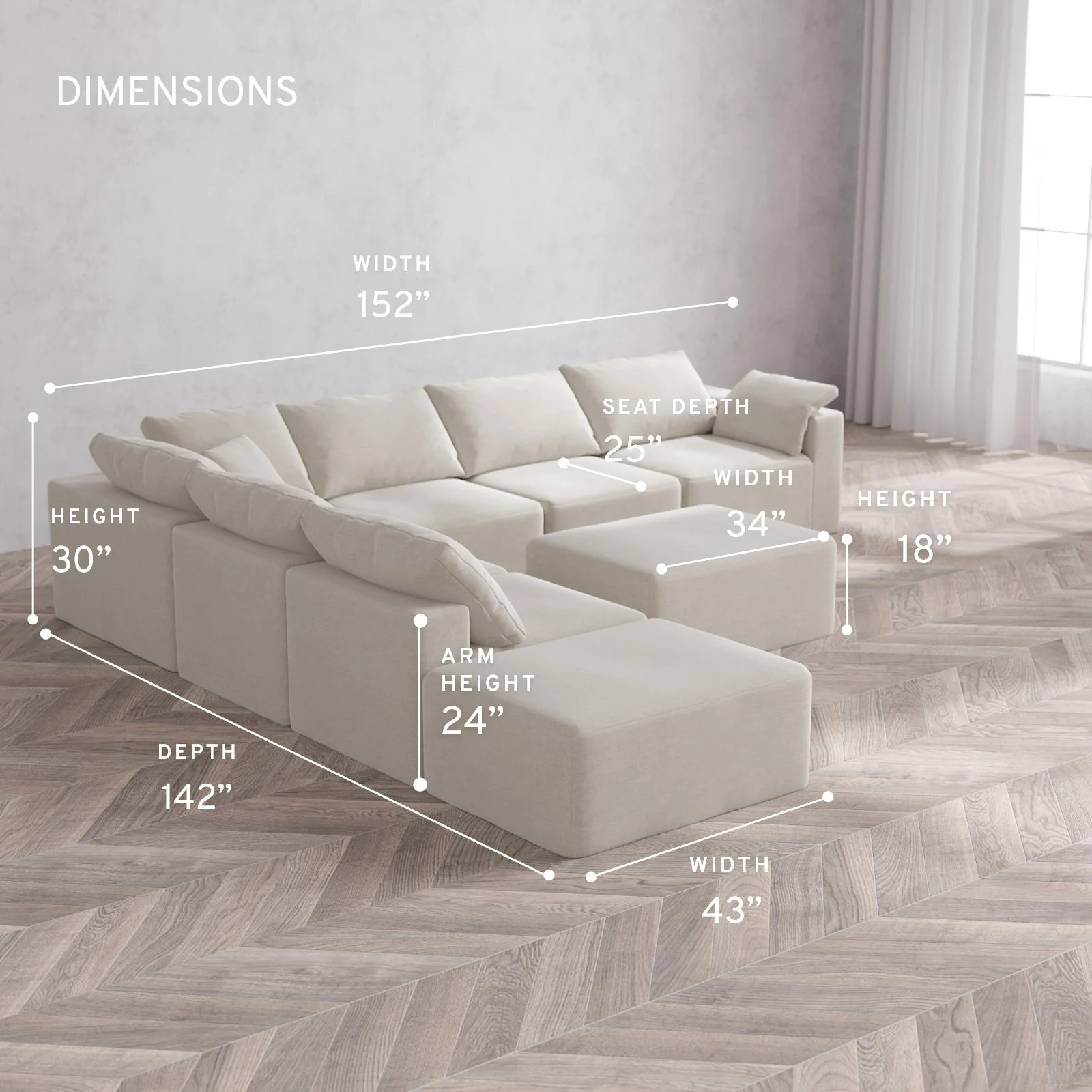 Slipcover Only - Modular Washable 7-Seater Open End Corner Sectional + Chaise Ottoman Cloud Sofa in Cashew | Right-Facing Arm - Image 5