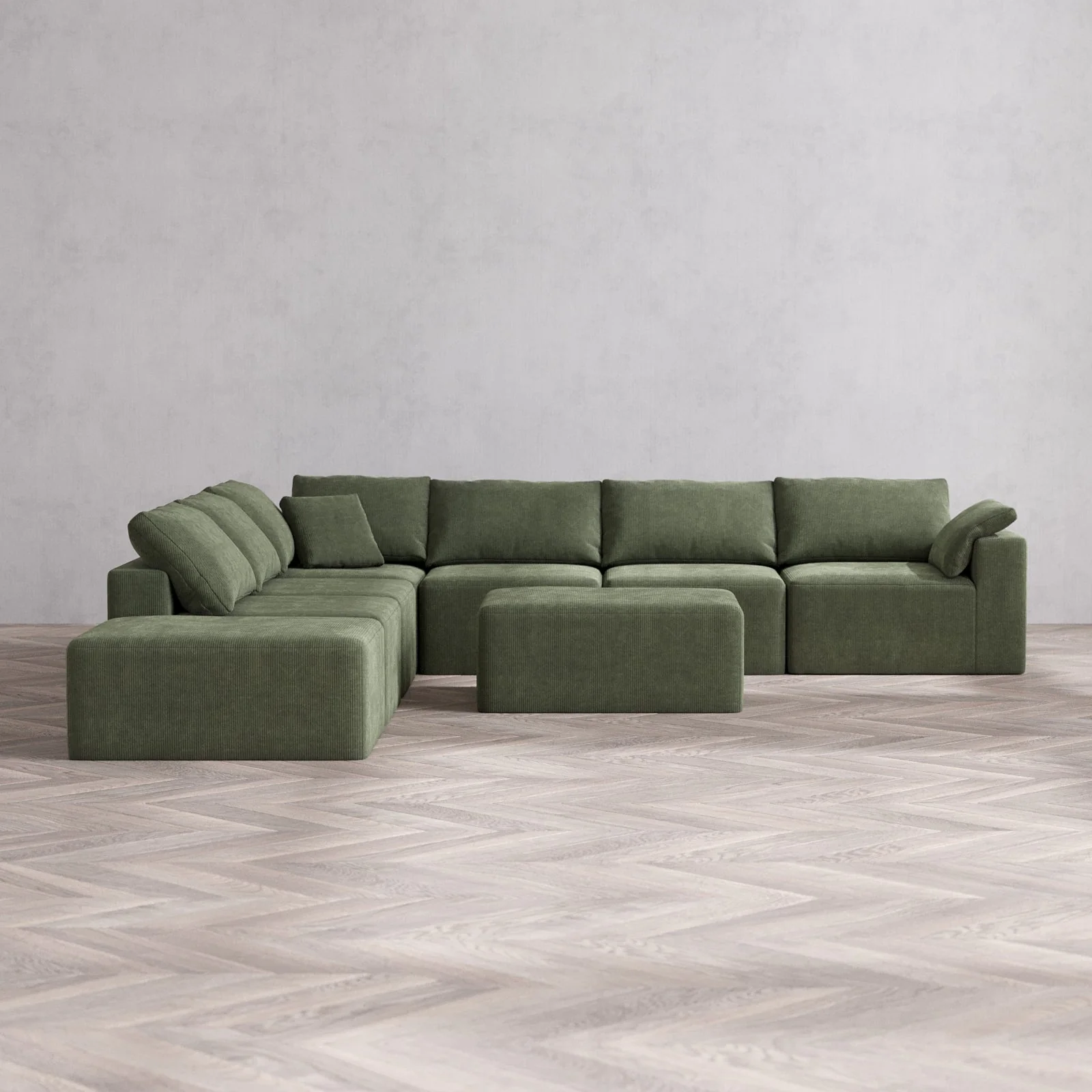 Slipcover Only - Modular Washable 7-Seater Open End Corner Sectional + Chaise Ottoman Cloud Sofa in Juniper | Right-Facing Arm