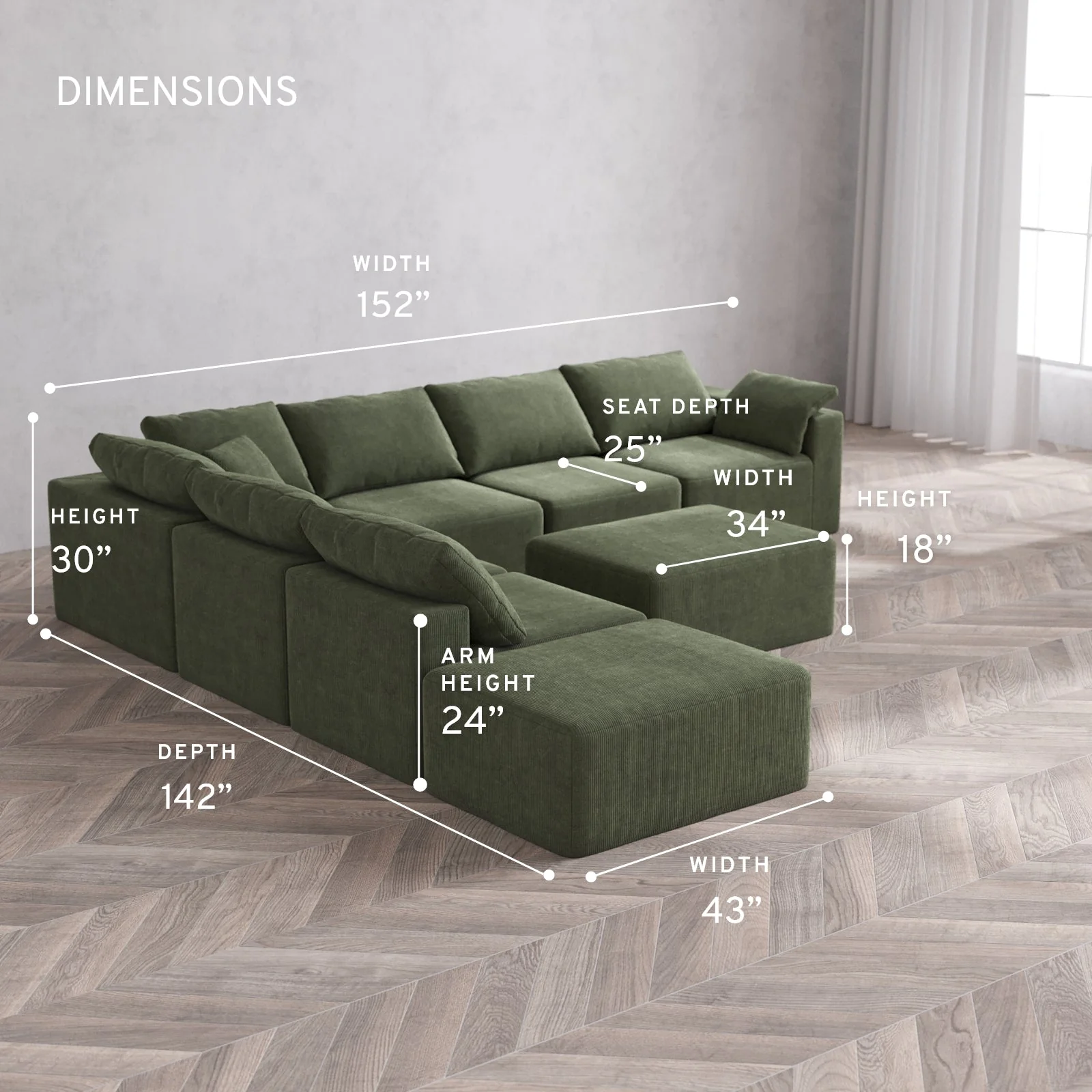 Slipcover Only - Modular Washable 7-Seater Open End Corner Sectional + Chaise Ottoman Cloud Sofa in Juniper | Right-Facing Arm - Image 5