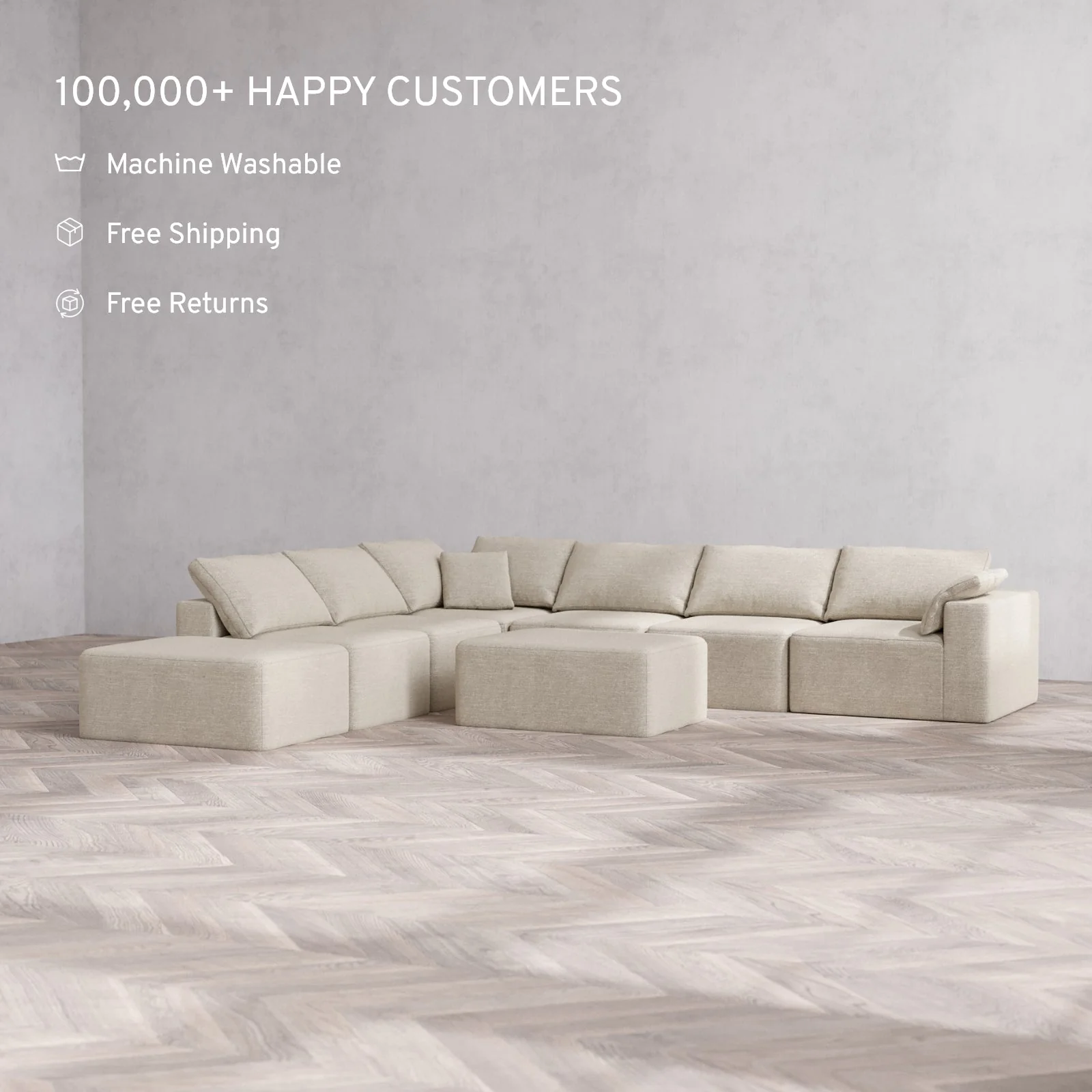Slipcover Only - Modular Washable 7-Seater Open End Corner Sectional + Chaise Ottoman Cloud Sofa in Sandstone | Right-Facing Arm - Image 2