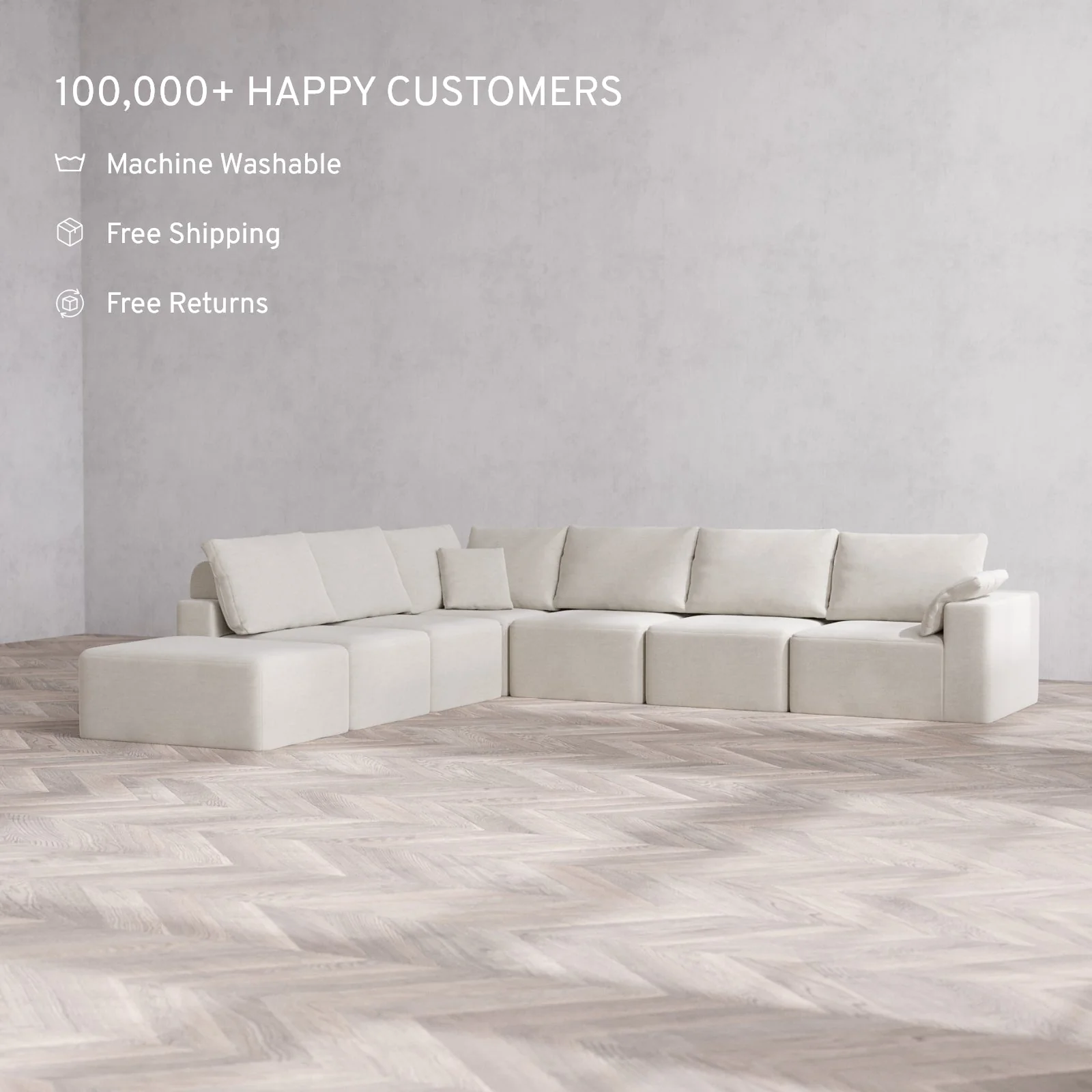 Slipcover Only - Modular Washable 7-Seater Open End Corner Sectional Cloud + Bolster Sofa in Cashew | Right-Facing Arm - Image 2