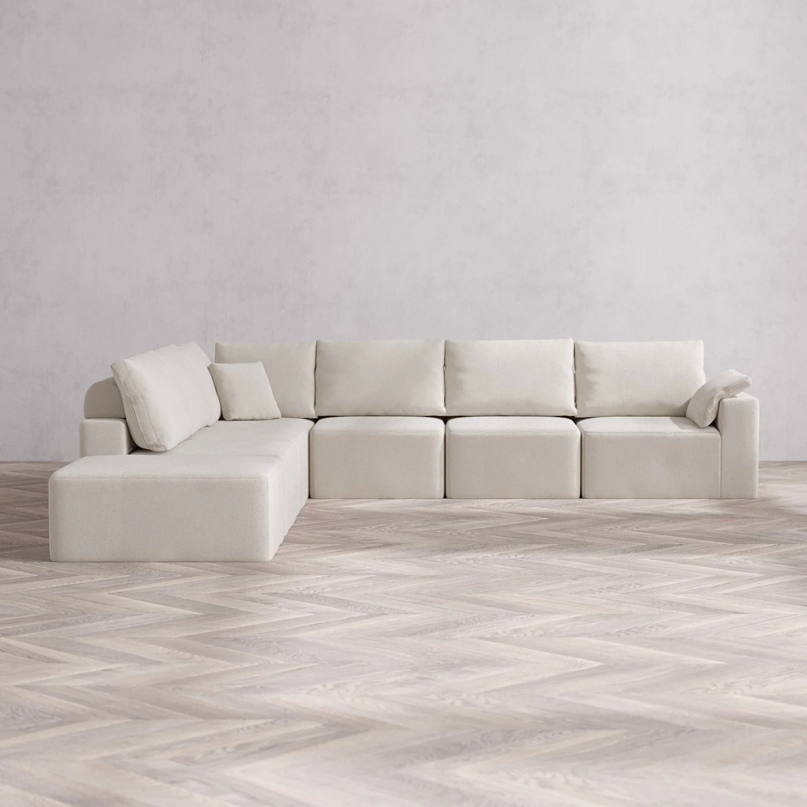 Slipcover Only - Modular Washable 7-Seater Open End Corner Sectional Cloud + Bolster Sofa in Pearl | Right-Facing Arm