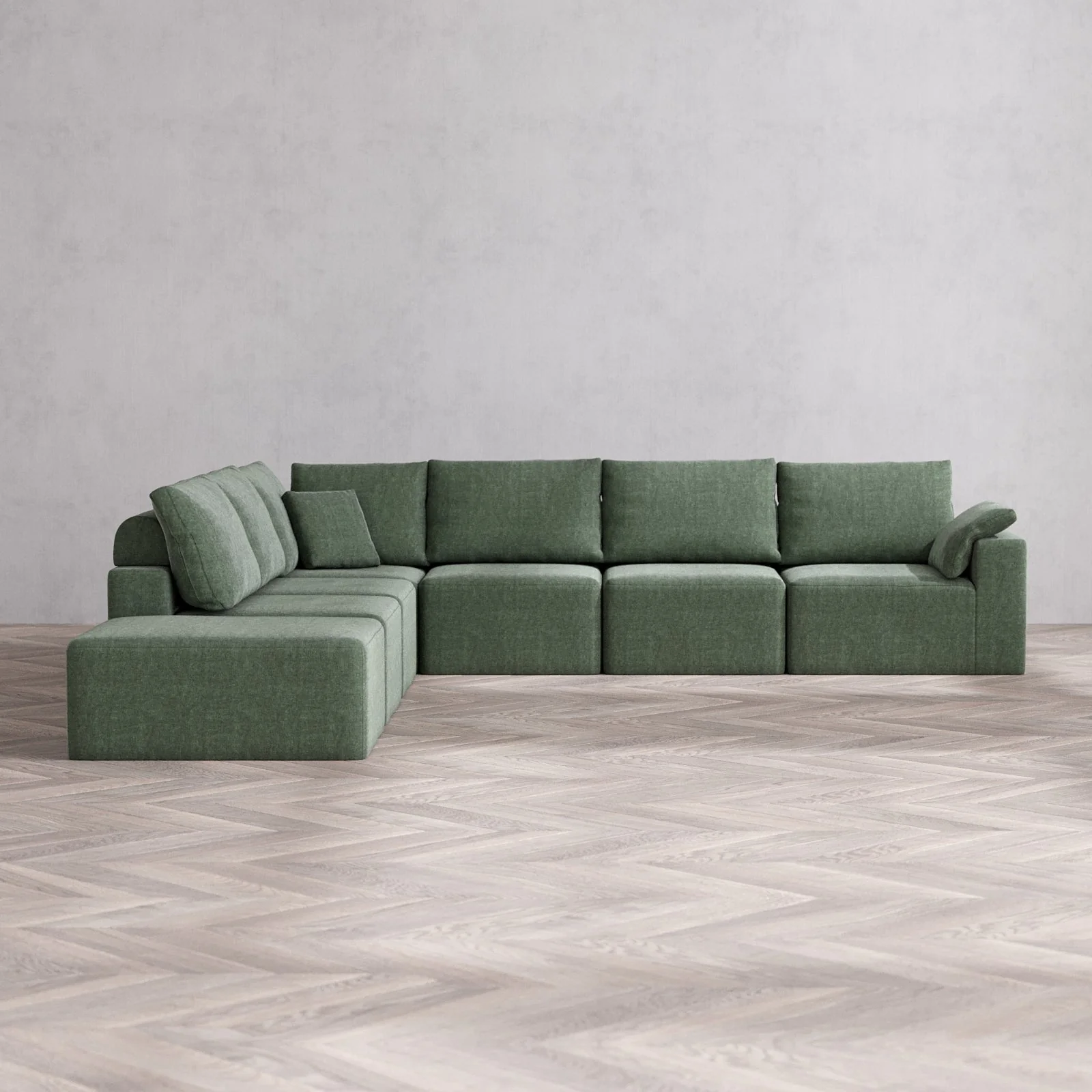 Slipcover Only - Modular Washable 7-Seater Open End Corner Sectional Cloud + Bolster Sofa in Sage | Right-Facing Arm