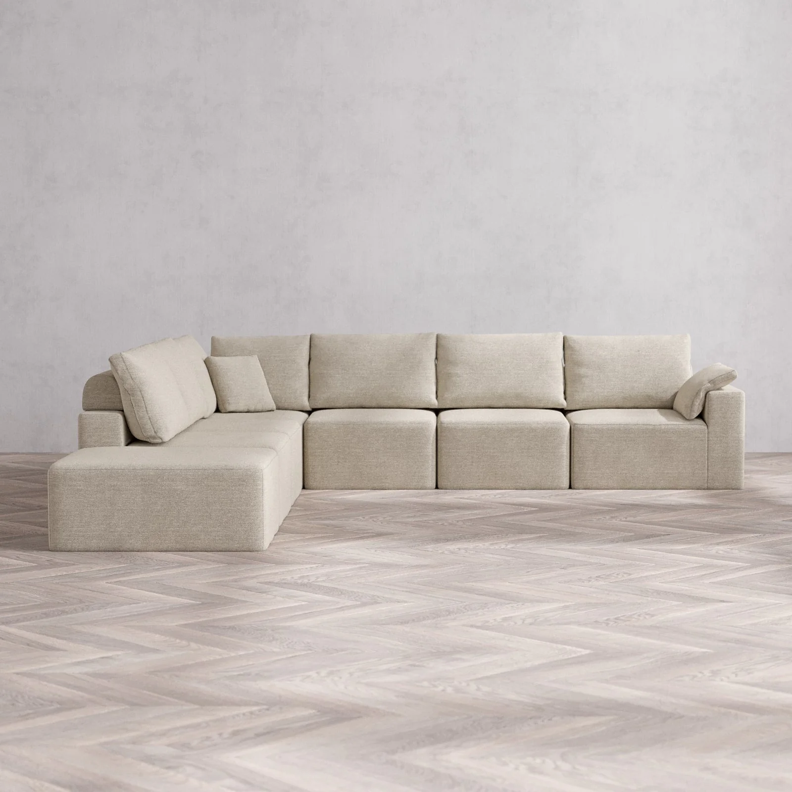 Slipcover Only - Modular Washable 7-Seater Open End Corner Sectional Cloud + Bolster Sofa in Sandstone | Right-Facing Arm