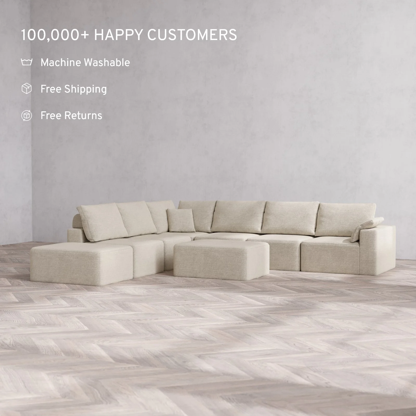 Slipcover Only - Modular Washable 7-Seater Open End Corner Sectional Cloud + Bolster Sofa in Sandstone | Right-Facing Arm - Image 2