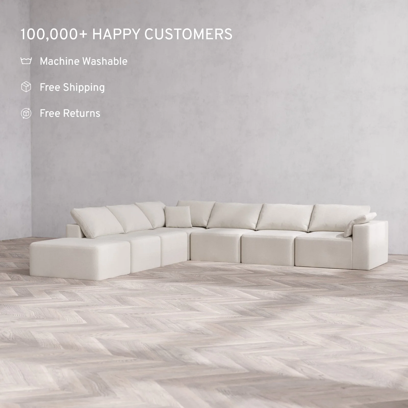 Slipcover Only - Modular Washable 7-Seater Open End Corner Sectional Cloud Sofa in Pearl | Right-Facing Arm - Image 2