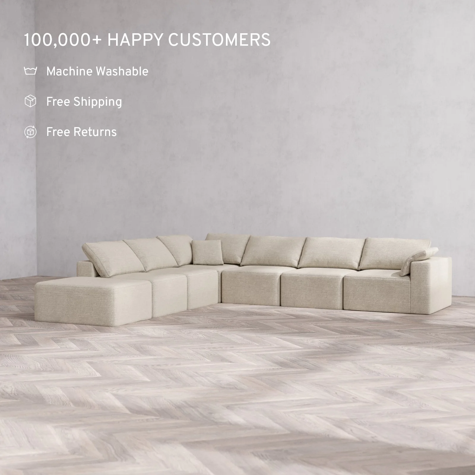 Slipcover Only - Modular Washable 7-Seater Open End Corner Sectional Cloud Sofa in Sandstone | Right-Facing Arm - Image 2