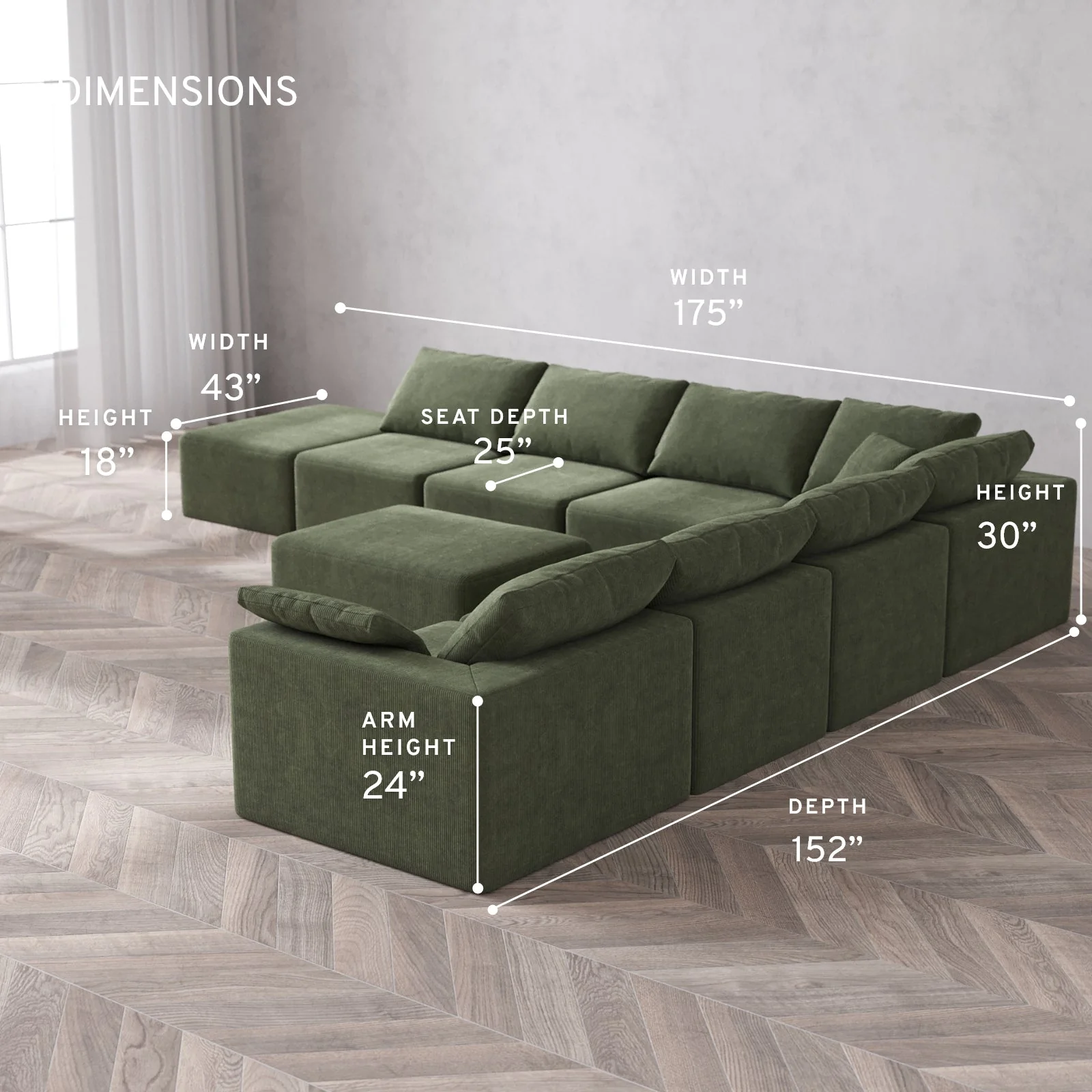Slipcover Only - Modular Washable 8-Seater Open End Corner Sectional + Chaise Ottoman Cloud Sofa in Juniper | Right-Facing Arm - Image 5