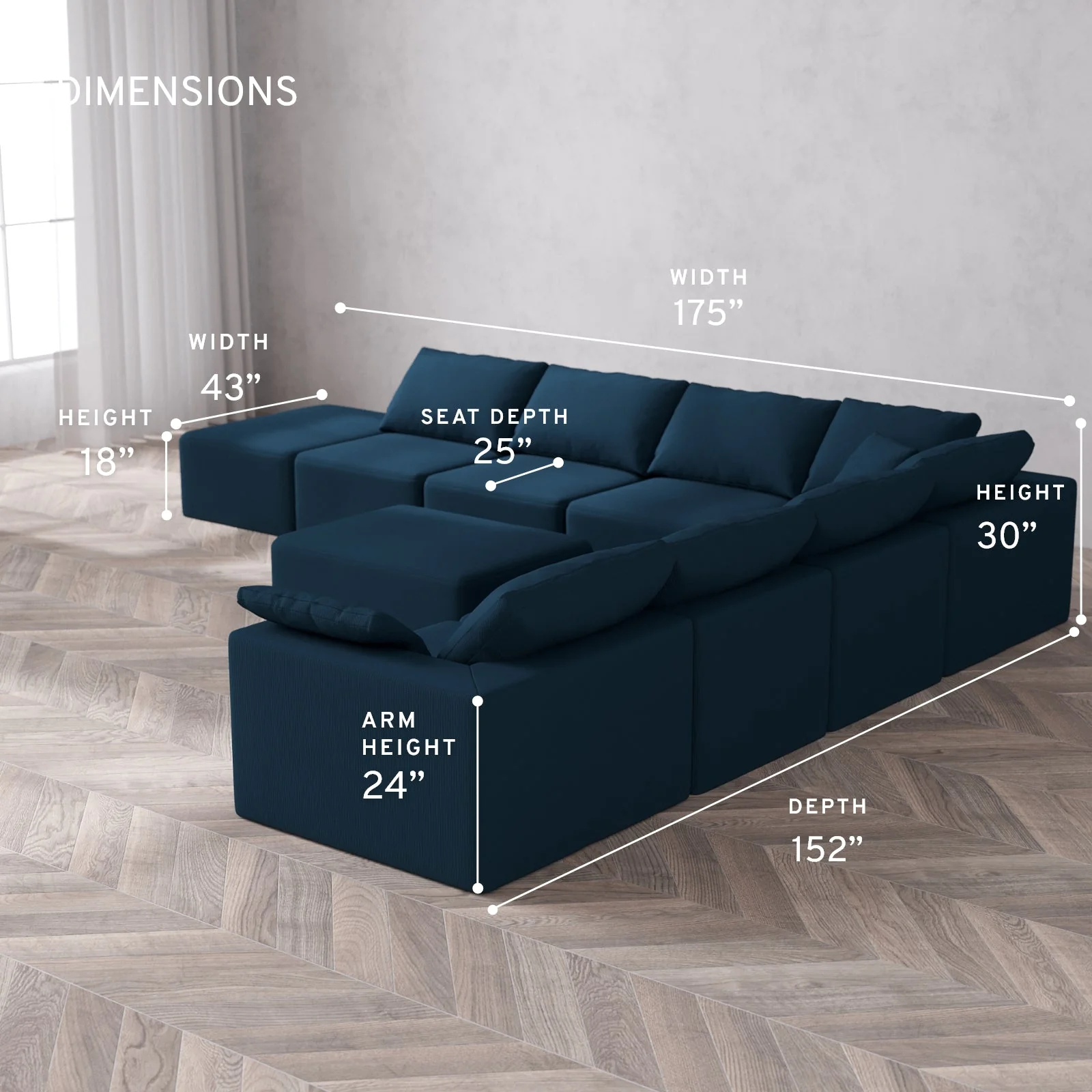 Slipcover Only - Modular Washable 8-Seater Open End Corner Sectional + Chaise Ottoman Cloud Sofa in Lazuli | Right-Facing Arm - Image 5