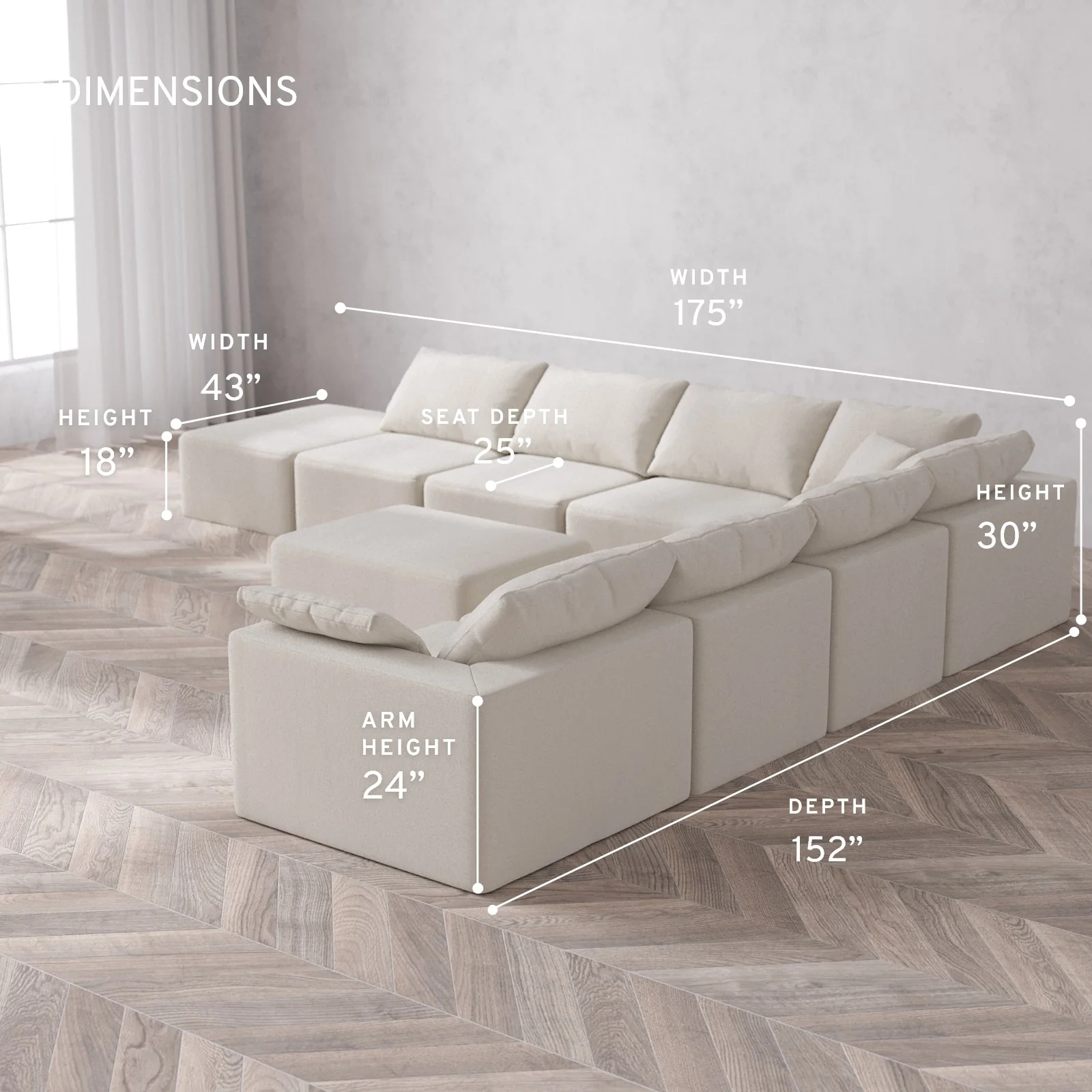 Slipcover Only - Modular Washable 8-Seater Open End Corner Sectional + Chaise Ottoman Cloud Sofa in Pearl | Right-Facing Arm - Image 5