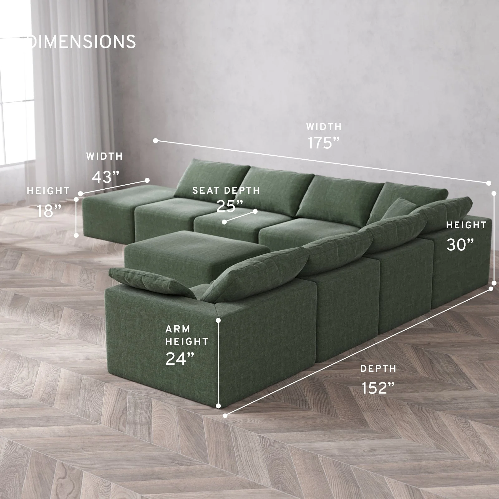 Slipcover Only - Modular Washable 8-Seater Open End Corner Sectional + Chaise Ottoman Cloud Sofa in Sage | Right-Facing Arm - Image 5
