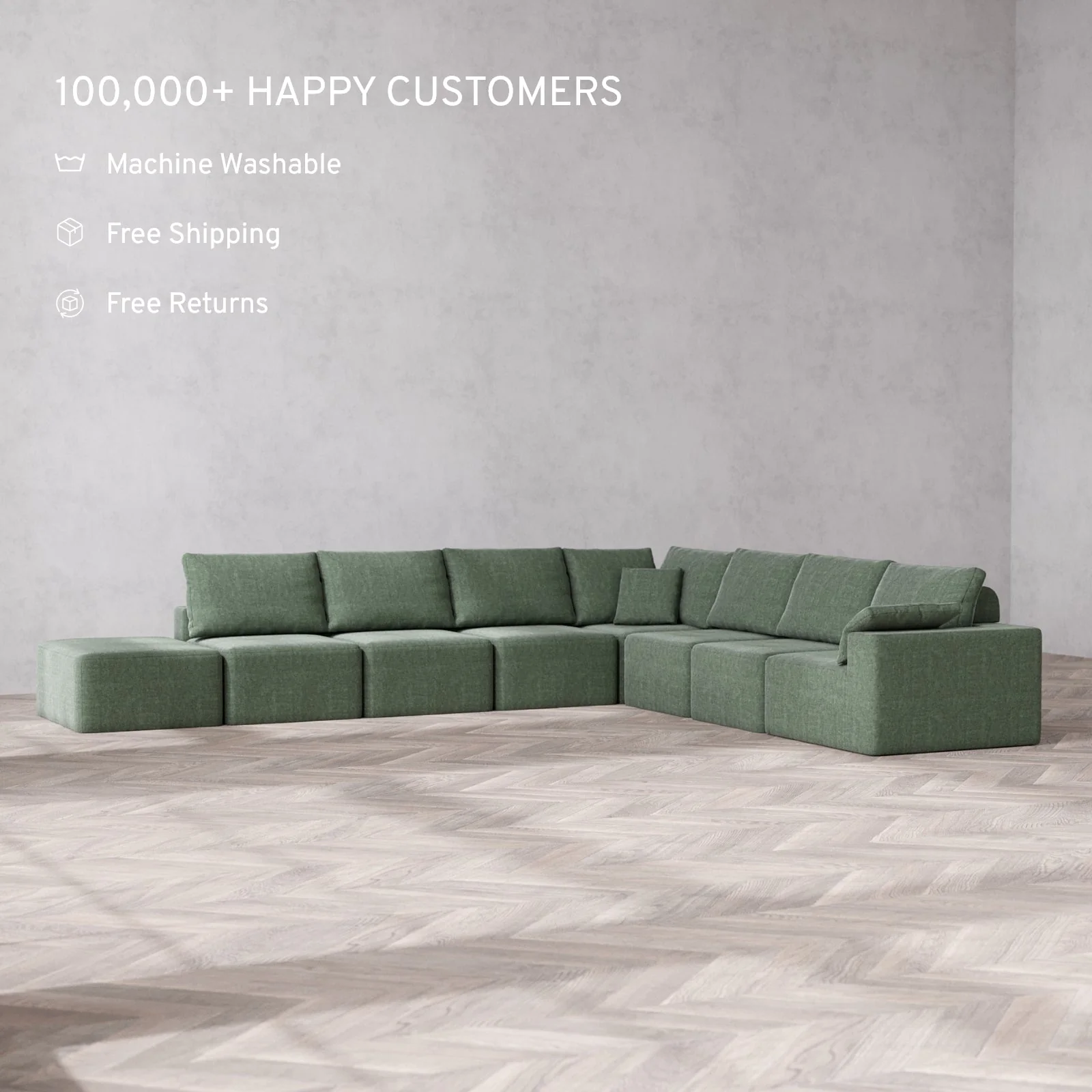 Slipcover Only - Modular Washable 8-Seater Open End Corner Sectional Cloud + Bolster Sofa in Sage | Right-Facing Arm - Image 2